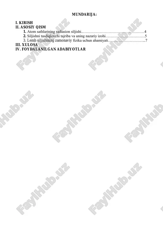 perimental tasdiqladi va keyinchalik buni lemb siljishi deb atadi. uning ishi kvant elektrodinamikasining to'g'riligining eng muhim tasdiqlaridan biriga aylandi. shundan so’ng kvant elektrodinamika va spektroskopiya sohalarida ishlaydigan ko'plab boshqa fiziklar ushbu hodisani o'rganish va tushuntirishga o’z hissa qo'shishni boshlashdi. shuni ta'kidlash kerakki, atomning energiya sathining siljishi elektronning vakuum elektromagnit maydonining kvant tebranishlari bilan o'zaro ta'siri natijasida yuzaga keladigan murakkab hodisadir. ushbu hodisa kvant maydoni nazariyasining rivojlanishining bir qismi sifatida bashorat qilingan va eksperimental ravishda tasdiqlangan. lemb siljishi - atomdagi elektronning energiya darajalarining kichik bo'linishi bo'lib, bu elektronning vakuumning elektromagnit maydonidagi kvant tebranishlari bilan o'zaro ta'siri tufayli yuzaga keladi. boshqacha qilib aytganda, elektron nafaqat yadroning kulon maydonini, balki vakuum tebranishlarini ham "ko'radi", bu esa uning energiya darajasining biroz o'zgarishiga olib keladi. lemb siljishining turli xususiyatlari mavjud bo’lib siljish juda kichik va megahertzda o'lchanadi va uning kattaligi orbital kvant soni l va bosh kvant soni n ga bog'liq. atom darajalari energiyasining siljishi …