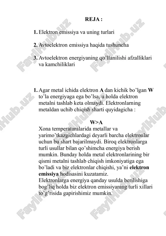 lektronlarning moddaning ichki energiyasi yoki tashqi maydonlar ta'sirida materialdan chiqishi jarayonidir. bu hodisa ko'plab ilmiy va texnologik jarayonlarda, masalan, termionik elektron nurlanishi, elektron mikroskoplar, vakuumli elektron qurilmalar va boshqalarda qo'llaniladi. yuqori kuchli elektr maydoni ostida avtoelektron emissiyasi ham yuzaga kelishi mumkin. elektr maydonining ta'sirida, elektronlar materialdan c h i q i s h u c h u n k e r a k l i e n e i i o n field emission- elektr maydonining kuchli ta'sirida elektronlarning energiyasining chiqish ishi uchun sarflanadigan energiyadan (energiya to'sig'idan) oshib ketishi va materialdan chiqishidir. bu hodisa, klassik fizika nuqtai nazaridan, elektronlarning materialning "chiqish ishini"ni yengishiga asoslanadi. elektronlarning chiqish ishi — bu elektronning materialdan chiqishi uchun zarur bo'lgan minimal energiya. i o n n elektronlar biror materialda o'zining energiya holatida (energiya darajalarida) bo'lib, odatda material ichida harakatlanadilar. agar materialga kuchli elektr maydoni qo'llanilsa, elektronlar kuchli maydon ta'sirida o'zining energiyasini oshiradi. bu jarayon tunnel …