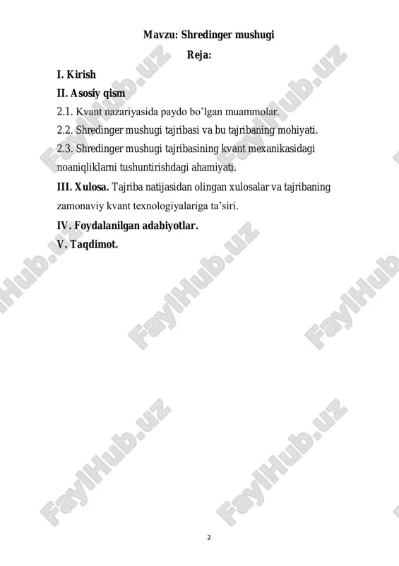 archa harakatni ehtimolliklar seriyasi sifatida ifodalaydi — bu esa o‘sha davrdagi (hatto bugungi kunda ham) ko‘pchilik olimlarning fizik reallik haqidagi tushunchalari bilan to‘g‘ridan-to‘g‘ri ziddiyatga boradi. shredingerning o‘zi ham shunday 4 olimlardan biri bo‘lib, u kvant fizikasi bilan bog‘liq muammolarni ko‘rsatish uchun "shredinger mushugi" tushunchasini ilgari surgan. endi bu muammolarni ko‘rib chiqaylik va shredinger ularni qanday qilib analogiya yordamida tushuntirishga harakat qilganini ko‘raylik. 1910- yillarda daniyalik fizik nils bor kvant mexanikasi yordamida atomlarning ichki tuzilishini tasvirlashga harakat qildi. shu paytga kelib, atom mayda, yengil, manfiy zaryadlangan elektronlar to'dasi bilan o'ralgan og'ir, zich, musbat zaryadlangan yadrodan yasalgani ma'lum edi. bor elektronlarni subatomik quyosh tizimidagi sayyoralar singari yadro atrofidagi orbitalarga joylashtirdi, faqat ular faqat oldindan belgilangan orbital masofalarga ega bo'lishlari mumkin edi. bir orbitadan ikkinchisiga o'tish orqali atom ma'lum energiyalarda nurlanishni qabul qilishi yoki chiqarishi mumkin, bu ularning kvant tabiatini aks ettiradi. ko'p o'tmay, ikki olim mustaqil ravishda ishlagan va matematik fikrlashning alohida …