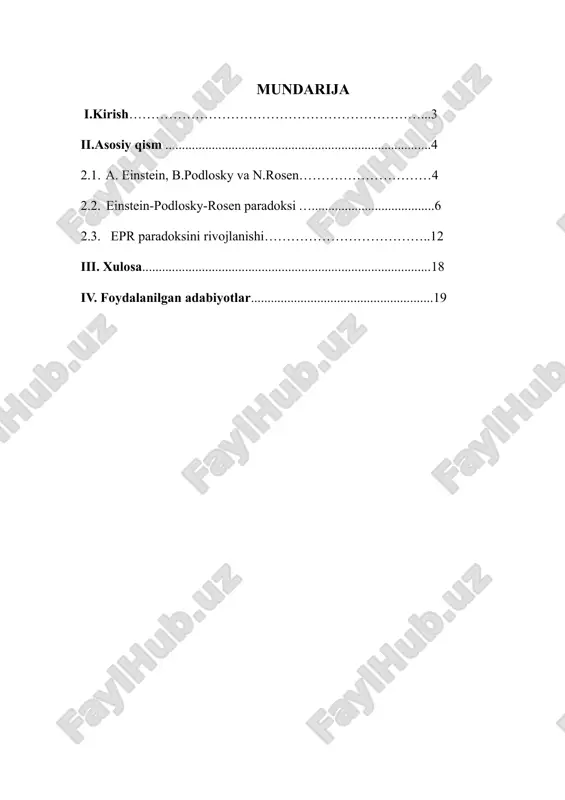 viy ta'sir" deb atagan va bu kvant mexanikasining to'liq emasligini anglatadi deb hisoblagan. ii.asosiy qism 2.1. a. einstein, b.podlosky va n.rosen albert einstein (talaffuzi: albert eynshteyn; (14.03.1879 – 18.04.1955) nemis va yahudiy fizik- nazariyotchisi, barcha zamonlarning eng buyuk va eng katta taʼsirga ega fizik olim. u nisbiylik nazariyasi asoschisi, maydon kvant nazariyasi va statistik fizika asoschilaridan biri. nisbiylik va kvant mexanikasi zamonaviy fizikaning ikkita ustunidir. uning nisbiylik nazariyasidan kelib chiqqan e=mc2 massa-energiya ekvivalenti formulasi „dunyodagi eng mashhur tenglama“ deb nomlangan. boris podolsky 1896-yil 29-iyun (yangi usul bo'yicha)da taganrogda, yakov veniaminovich podolsky va yelizaveta parnaxtan oilasida tug'ilgan. ilmiy qiziqishlari sohalari — kvant elektromagnetizm, kvant mexanika, magnit gidrodinamikasi, amaliy matematika va biofizika. v. fok va p. dirak bilan birgalikda 1932- yilda ko'p vaqtli formalizmni ishlab chiqqan va kvant elektromagnetizmining nisbiylikka mos keluvchi shaklini yaratgan. u, shuningdek, nozik tuzilish doimiysi rolini https://uz.wikipedia.org/wiki/germaniya https://uz.wikipedia.org/wiki/isroil https://uz.wikipedia.org/wiki/fizika https://uz.wikipedia.org/wiki/fizika https://uz.wikipedia.org/wiki/nisbiylik_nazariyasi https://uz.wikipedia.org/wiki/nisbiylik_nazariyasi https://uz.wikipedia.org/wiki/kvant_mexanika https://uz.wikipedia.org/wiki/kvant_mexanika https://uz.wikipedia.org/w/index.php?title=massa-energiya_ekvivalenti&action=edit&redlink=1 https://uz.wikipedia.org/w/index.php?title=massa-energiya_ekvivalenti&action=edit&redlink=1 o'rgangan. 1935-yilda …