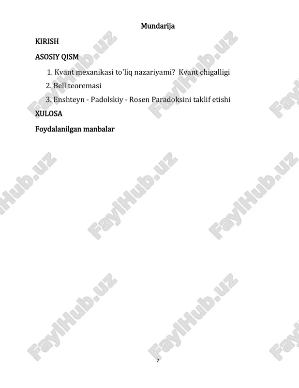 gi o'zgarishlar bizning kvant mexanikasini tushunishimizga qanday ta'sir qildi. texnologik yutuqlar: kvant hisoblash va kriptografiya kabi texnologiyalarda kvant chalkashliklarini qo'llash. xulosa: fizika va falsafa kontekstida epr paradoksining ahamiyatini umumlashtiring. paradoksdan ilhomlangan davom etayotgan munozaralar va tadqiqotlar haqida o'ylang. ushbu reja sizga epr paradoksining murakkabligi va ahamiyatini, uning kvant nazariyasiga ta'sirini va nazariy va amaliy fanga ta'sirini tushunishga yordam beradi. 5 asosiy qism. 1. kvant mexanikasi to'liq nazariyami? kvant chigalligi kvant mexanikasi fizikadagi asosiy nazariya bo'lib, atomlar va subatomik zarralar kabi eng kichik miqyosdagi zarrachalarning xatti- harakatlarini tavsiflaydi. u ko'plab hodisalarni tushuntirishda va ko'plab tajribalar bilan tasdiqlangan to'g'ri bashoratlarni amalga oshirishda juda muvaffaqiyatli bo'ldi. to'liqlik bahsi: eynshteyn, podolskiy va rozen (epr): 1935 yilda eynshteyn, podolskiy va rozen kvant mexanikasi jismoniy voqelikning to'liq tavsifini beradimi yoki yo'qmi degan savolga javob chop etishdi. ular kvant chalkashligining g'alati tabiatini ta'kidlab, to'liqroq tasvirni ta'minlaydigan yashirin o'zgaruvchilar bo'lishi mumkinligini ta'kidlab, epr paradoksini taqdim etdilar. yashirin o'zgaruvchilar: …