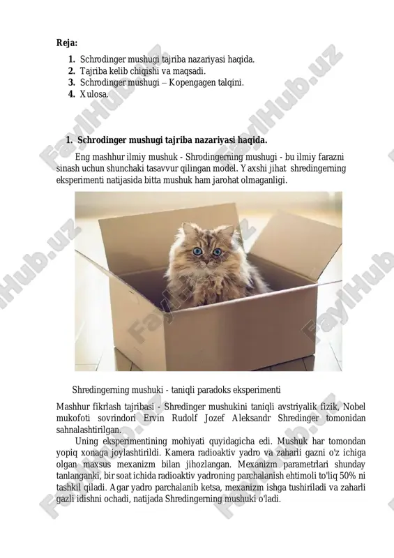 asida mashhur bo‘lgan eksperimental fikr (gedanken-experiment) bo‘lib, uni 1935-yilda avstriyalik fizik ervin shrodinger taklif qilgan. bu fikr tajribasi kvant mexanikasi muammolarini, xususan, superpozitsiya va o‘lchov muammosini tasvirlash uchun ishlatiladi. qutiga bir kvant tizimi, masalan, radioaktiv atom, qo‘shilgan. bu atom ma’lum vaqt ichida parchalanish ehtimoli 50% bo‘lgan holatda. atom bilan bog‘liq bo‘lgan mexanizm mavjud: agar atom parchalansa, mexanizm orqali zahar chiqariladi va mushuk o‘ladi. agar atom parchalanmasa, mushuk tirik qoladi. 2. kvant mexanikasi asosida tushuntirish: kvant mexanikasi bo‘yicha, atomning holati (parchalanish yoki parchalanmaslik) superpozitsiyada bo‘ladi. bu shuni anglatadiki, mushuk ham bir vaqtning o‘zida tirik va o‘lik bo‘lgan holatda bo‘ladi, to quti ochilib, holat o‘lchov orqali aniqlanmaguncha. shrodinger mushugi eksperimental fikri ikki asosiy muammoni ochib beradi: superpozitsiya va o‘lchov muammosi: kvant mexanikasida tizim o‘z holatini kuzatilganda (o‘lchanganda) aniqlaydi. katta tizimlar va kvant mexanikasi o‘rtasidagi farq: mushuk makroskopik ob’ekt bo‘lib, uni "kvant superpozitsiyada" deb tasvirlash aniq fizik talqinga muhtoj. shrodinger mushugi tajribasi kvant …