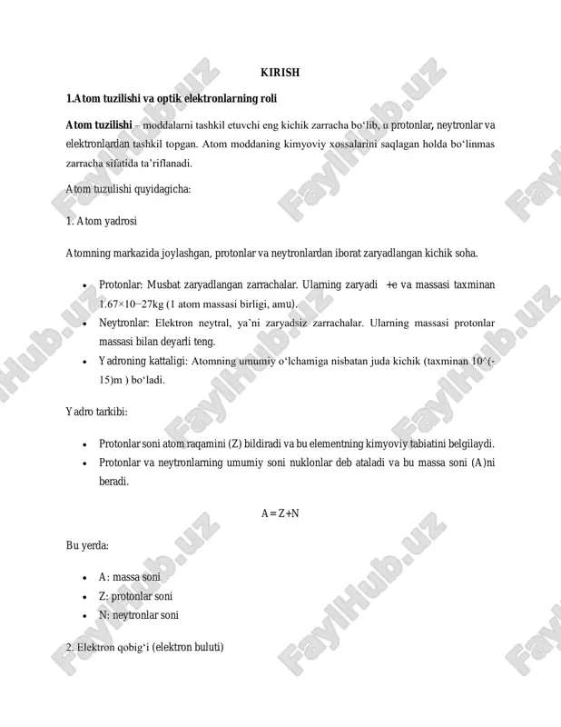o "puding modeli" sifatida ham tanilgan. atom musbat zaryadlangan massa ichida elektronlar joylashgan. 2. rezerford modeli (1911-yil): o oltin folga tajribasi asosida yadro tushunchasi kiritildi. o atomning katta qismi bo‘shliqdan iborat bo‘lib, yadro markazida joylashadi, elektronlar esa uning atrofida harakatlanadi. 3. bor modeli (1913-yil): o elektronlar yadro atrofida aniq orbitallarda harakat qiladi va energiya miqdori kvantlanadi. 4. kvant-mexanik modeli (1926-yil): o zamonaviy model bo‘lib, shryodinger tenglamalari asosida yaratilgan. o elektronlar yadro atrofida aniq joylashmagan, faqat ularning joylashuv ehtimolligi mavjud elektron buluti tushunchasi kiritilgan. atomning tuzilishini tasvirlash uchun misol: kremniy atomining tuzilishi (si,z=14):  yadro: 14 ta proton va neytronlar (taxminan 14 ta neytron).  elektron qobig‘i: 14 ta elektron quyidagicha taqsimlanadi: o k-qobiq: 2 elektron. o l-qobiq: 8 elektron. o m-qobiq: 4 elektron.  tashqi qobiqdagi 4 ta elektron valent elektronlar bo‘lib, ular kremniyning kimyoviy xossalarini belgilaydi. atomning tuzilishi va unda joylashgan elektronlarning harakati kvant mexanikasi qonunlariga asoslangan. atomlar yadrosi …