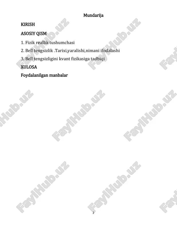 tushunishga yordam beradigan bir qator qonunlar va nazariyalarni o'z ichiga oladi. masalan, gravitatsiya, elektromagnit kuchlari yoki termodinamik qonunlar kabi asosiy fizik tamoyillar fizik reallikni aniqlaydi. bularni tushunish orqali insoniyat tabiat jarayonlarini yanada chuqurroq o'rganishi va texnologiyalarni rivojlantirishi mumkin. 5 fizik reallikni qonunlarga tatbiqi, ya'ni fizik qonunlarni amaliyotda qo'llash, bir qancha muhim jarayonlarni tushunishga yordam beradi va insoniyatning turli sohalarida, jumladan, muhandislik, tibbiyot, ekologiya va boshqa ko'plab sohalarda qo'llaniladi. quyida bunday tatbiqlarni ko'rib chiqamiz: 1. mexanika: mexanik qonunlar (masalan, nyuton qonunlari) transport vositalarining harakati, binolarni qurish va strukturalarning ish faoliyatini tushunishda qo'llaniladi. masalan, mashina yoki samolyotning harakatini tahlil qilishda bu qonunlardan foydalaniladi. 2. termodinamika: termodinamik qonunlar energiya almashinuvini va issiqlik o'tkazishni tushuntiradi. bu energiya ishlab chiqarish stansiyalari, muzlatgichlar yoki issiqlik nasoslari kabi qurilmalarning ishlash prinsiplarini aniqlashda muhimdir. 3. elektromagnetizm: elektromagnit qonunlar elektr toki va magnit maydonlarning o'zaro ta'sirini tartibga soladi. bu telefonlar, televizorlar va kompyuterlar kabi zamonaviy texnologiyalarni yaratishda asosiy rol …