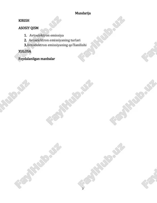 orug`lik atomlar va molekulalardagi elektron holatlarining birlashishi natijasida chiqariladi (keyin bu hodisa floresans yoki fosforessensiya deb ataladi). boshqa tomondan, yadro qobig`ining o`tishlari yuqori energiyali gamma nurlarini chiqarishi mumkin, yadro spinli o`tishlari esa past energiyali radio to`lqinlarni chiqaradi. bu jarayon asosan metall yoki yarimo'tkazgich materiallarida yuz beradi va bir nechta asosiy turlarga bo'linadi: 1. termoelektron emissiya: bu jarayonda elektronlar materialning issiqlik energiyasi ta'sirida chiqariladi. agar materialning harorati ma'lum bir darajaga yetganda, elektronlar o'z energiyalarini oshirib, materialdan chiqib ketishi mumkin. bu jarayon ko'pincha vakuumli elektron quvvat manbalarida va katodli nurlanish manbalarida qo'llaniladi. 2. fotoelektron emissiya: bu jarayonda elektronlar materialga tushayotgan yorug'lik (fotonga) ta'sirida chiqariladi. agar fotonning energiyasi materialning ish funksiyasidan yuqori bo'lsa, elektronlar materialdan chiqib ketadi. bu jarayon fotoelektron mikroskoplarida va fotodiodlarda qo'llaniladi. 3. katalitik emissiya: bu jarayonda elektronlar kimyoviy reaktsiyalar natijasida chiqariladi. bu jarayon ko'pincha katalizatorlar yordamida amalga oshiriladi. 5 2.avtoelektron emissiyaning turlari bu jarayon asosan metall yoki yarimo'tkazgich materiallarida yuz …