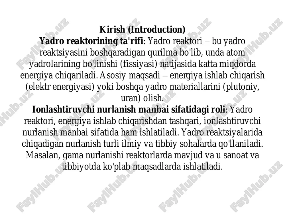 sh xavfsiz emas, va shu sababli reaktorlarda maxsus himoya tizimlari mavjud. ionlashtiruvchi nurlanishning kuchi va ta'siri yuqori energiyali zarrachalar bilan bog'liqdir. yadro reaktsiyasi natijasida gama nurlanishining kuchi va tarqalish masofasi juda katta. shu sababli, yadro reaktorlari energiya ishlab chiqarishdan tashqari, xavfli ionlashtiruvchi nurlanish manbai sifatida ham e'tiborga olinadi. ionlashtiruvchi nurlanishning ta'siri: ionlashtiruvchi nurlanish, biologik tizimlarga zarar yetkazadi. gama nurlanishi, masalan, organizmga kirib, hujayralardagi dnkga ta'sir qilishi mumkin, bu esa mutatsiyalar, genetik o'zgarishlar va saraton kasalliklariga olib kelishi mumkin. ionlashtiruvchi nurlanishning eng katta xavfi uning uzoq vaqt davomida inson organizmiga ta'sir etishida yotadi. reaktorlar ichida chiqariladigan gama nurlanishi uzoq masofalarga tarqalishi va zararni keng hududga etkazishi mumkin. yadro reaktorlariga misol sifatida "chernobyl" yadro reaktori, "fukushima daiichi" yadro reaktori, va "kursk" yadro reaktori kabi mashhur reaktorlarni keltirish mumkin. ular yadro energiyasini ishlab chiqarish yoki ilmiy maqsadlarda ishlatilgan. 1. chernobyl yadro reaktori (ukraina) turi: rbmk (reaktor bolshoy moshchnosti kanalny) – kanal-tipidagi reaktor. joylashuvi: …