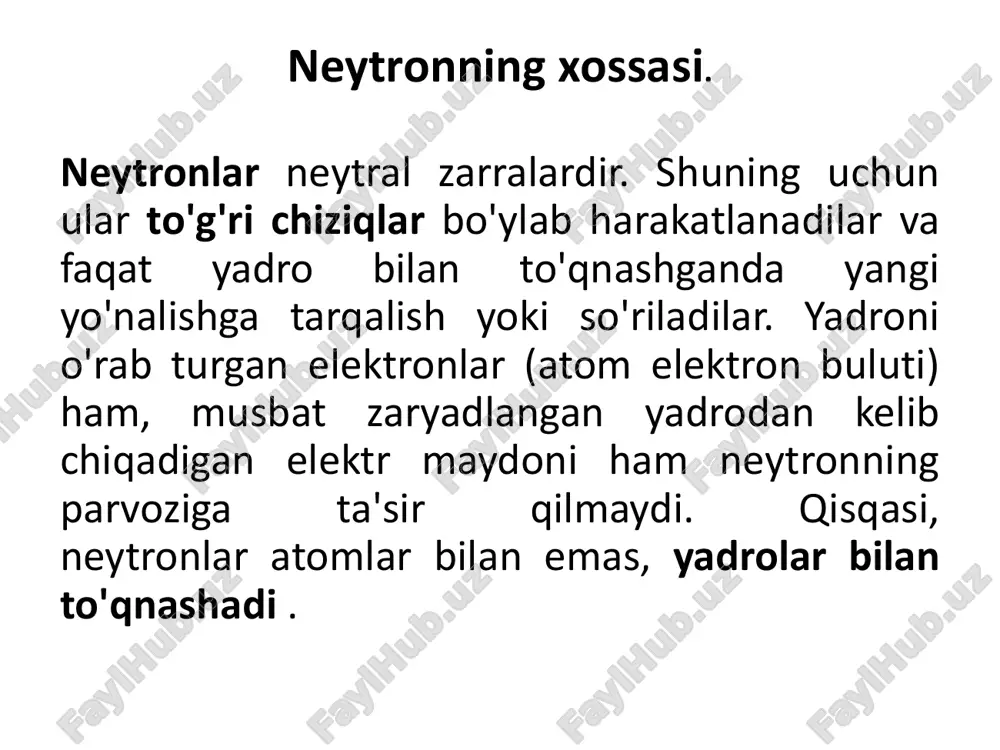 gartirishi mumkin. • neytronlarning elastik tarqalishi: neytronlar moddada, ayniqsa o'rtacha yoki yuqori energiyali neytronlar, atom yadrolaridan qaytishi yoki elastik tarzda tarqalishi mumkin. bu jarayon neytronlarning energiyasi o'zgarmasdan qolganida sodir bo'ladi. • neytronlarning noelastik sochilish jarayoni, ya’ni (n,ri) og‘ir yadrolarda neytronlar kinetik energiyasi tn>0,6 mev bo‘lganda, yengil yadrolarda esa t>1 mev energiyalarda sodir boiadi. neytronlarning noelastik sochilish kesimi atom raqamiga va neytronlar energiyasiga bog‘liq bo'ladi. yengil yadrolardan og‘ir yadrolar sohasiga o‘tganda va neytronlar energiyasi oshganda reaksiya kesimi ham oshadi. 2. neytronlarning energiyasiga bog'liq ta'sirlar: turli energiyadagi neytronlar modda bilan turlicha ta'sir qiladi: • past energiyali neytronlar (termal neytronlar) odatda modda bilan juda ko'p o'zaro ta'sir qiladi va energiyasini yadro reaksiyalarida yo'qotadi. ular kristall tuzilmasi yoki molekulalar bilan o'zaro ta'sir qilishda, masalan, neytron diffraksiyasi texnikasida qo'llaniladi. • yuqori energiyali neytronlar moddaning yuzasidan o'tishi mumkin, lekin ular atom yadrolari bilan juda kam ta'sir qiladi. 3. neytronlar va moddaning zichligi: moddaning zichligi ham neytronlarning …