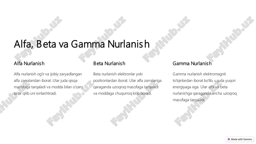 lishi rentgen tomografiyasi • rentgen nurlari yuqori energiyali elektronlar yordamida hosil qilinadi. elektronlar metall (odatda volfram) plastinka bilan to‘qnashganda bremsstrahlung (tormozlanish nurlanishi) jarayoni orqali elektromagnit nurlar chiqaradi. • bu nurlar inson tanasining ichki qismlarini ko‘rish uchun ishlatiladi. masalan, suyaklarning sinishi, o‘smalar yoki ichki organlarning anormalliklarini aniqlashda foydalaniladi. b) pet (pozitron-emission tomografiya) • pet texnologiyasi pozitron va elektronlarning annihilatsiya jarayoniga asoslangan. • radioaktiv izotoplar yordamida organizmga yuborilgan moddalarning metabolizmini o‘rganish imkonini beradi. • bu usul miya, yurak va o‘sma kasalliklarini aniqlash uchun qo‘llaniladi c) elektron mikroskopiya • elektronlar o‘ta kichik uzunlikdagi to‘lqin xususiyatiga ega bo‘lgani uchun elektron mikroskop yordamida hujayralar, viruslar va boshqa biologik materiallarning mikrostrukturasi aniqlanadi. radiatsion terapiyada qo‘llanilishi yengil zaryadlangan zarralar (elektronlar va protonlar) saraton hujayralarini yo‘q qilish uchun ishlatiladi. a) elektron terapiyasi • elektronlar nisbatan kichik penetratsiya (kiritish) chuqurligiga ega bo‘lib, yuzaki o‘smalarni davolash uchun ishlatiladi. • masalan, teri sarkomalari yoki ko‘krak sarkomalarida qo‘llaniladi. b) proton terapiyasi • …