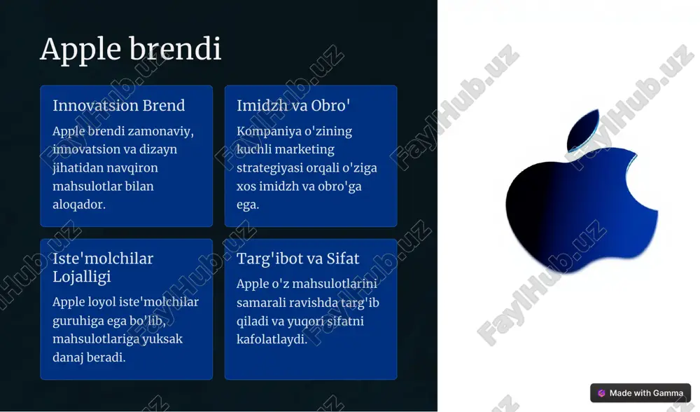 orqali o'zining brendini keng targ'ib qiladi. mijoz xizmatlari kompaniya o'z mahsulotlari uchun yuksak sifatli mijoz xizmatlarini taqdim etadi. https://gamma.app/?utm_source=made-with-gamma apple'ning tashkiliy tuzilishi 1 rahbariyat apple'ning rahbarlik tarkibi stratik qarorlar qabul qilish va kompaniyani boshqarishda markaziy rol o'ynaydi. 2 tashkiliy tuzilma kompaniya samarali funksional tashkiliy tuzilma orqali faoliyatini muvofiqlashtiradi. 3 korporativ madaniyat apple o'zining yangilikka intilish, mijozlarga e'tibor va jamoaviy ish faoliyati kabi korporativ madaniyati bilan ajralib turadi. https://gamma.app/?utm_source=made-with-gamma apple'ning global ta'siri 1 jahon bozorlaridagi o'rni apple dunyoning turli burchaklaridagi iste'molchilar uchun yangi-yangi mahsulot va xizmatlar taqdim etadi. 2 ijtimoiy mas'uliyat kompaniya yer sayyorasining yashil texnologiyalarni qo'llash va resurslar tejashga hissa qo'shadi. 3 globallashuv apple o'z xizmatlarini va innovatsiyalarini dunyo bo'ylab kengaytirish strategiyasini amalga oshirmoqda. https://gamma.app/?utm_source=made-with-gamma apple'ning mavzudagi muammolari 1 raqobat apple boshqa texnologiya gigantlari bilan kuchli raqobat munosabatlarida. 2 atrofiydagi muammolar kompaniya ba'zan inson huquqlari, soliq to'lash va ekologik muammolar bilan qarshi qarashiladi. 3 bozordagi talabni prognozlash yangi mahsulot olib …