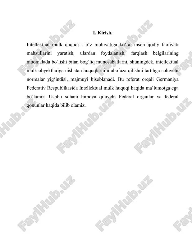 lliflik va turdosh huquqlarni tartibga soladi. oxirgi marta matniga o’gartirish kiritilgan sanasi 2021-yil 23-iyunda. ushbu hujjat 1901-yildagi “adabiyot va musiqa asarlariga mualliflik huquqi to’g’risida”gi qonun va 1907- yildagi “tasviriy san’at va fotosurat asarlariga mualliflik huquqi to’g’risida” gi qonunlarni ( ushbu ikki qonun 1966-yil 1-yanvarda bekor qilingan) o’zida aks ettirgan. -“patent to’g’risida”gi qonun 1936-yil 5-mayda qabul qilingan. ushbu hujjat 147 moddadan iborat. oxirgi marta o’zgarishga uchragan 2021-yil 30-avgust. patent sohasidagi munosabatlarni tartibga soladi. ushbu sohadagi nizolarni federal patent sudi va uning 16 ta shtatdagi patent sudlari ko’rib chiqadi. har bir shtatda bir dona patent sudi faoliyat yuritadi. bu patent sudlari chiqargan qaror ustidan apelyatsiya va kassatsiya federal patent sudiga beriladi. ushbu federal patent sud bosh qarorgohi myunxenda joylashgan. federal patent chiqargan hukm ustidan germaniya federal oliy sudiga beriladi. -“dizaynlarni huquqiy himoya qlish to’g’risida” gi qonun 2004-yil 12- martda qabul qilingan. ushbu hujjat 74 moddadan iborat. oxirgi marta o’zgarishga uchragan 2021-yil 10-avgust. …