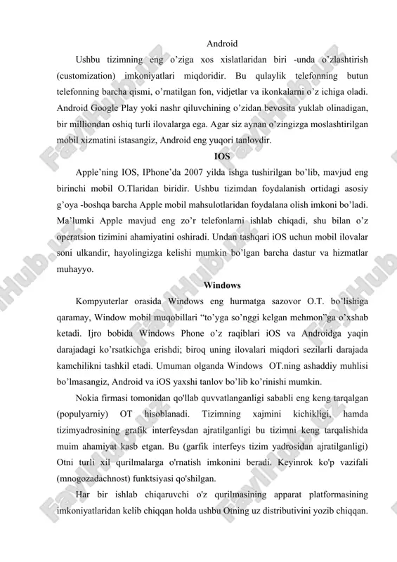 gi) otni turli xil qurilmalarga o'rnatish imkonini beradi. keyinrok ko'p vazifali (mnogozadachnost) funktsiyasi qo'shilgan. har bir ishlab chiqaruvchi o'z qurilmasining apparat platformasining imkoniyatlaridan kelib chiqqan holda ushbu otning uz distributivini yozib chiqqan. shu tarika series 60, series 80, series 90, uiq, moap versiyalari xosil kilingan. har bir versiya o’ziga xos xususiyatlarga ega bo’lganligi uchun ularning har biriga mos ravishda ilovalar yozilgan. bu xol bir kancha nokulayliklar tugdirgan, shu sababli windows mobile, android, iphone os otlari paydo bo’lgach ishlab chiqaruvchilar uchun sybian os otlari uz qadr qimmatini yoqotdi. bugungi kunga kelib mobil qurilma ishlab chiqaruvchi yirik kompaniyalardan faqat nokia firmasi ushbu otni uz smartfonlari va mobil telefonlarida ishlatmoqda. afzalliklari. - xotira va prosessorga kam talab (nizkoye trebovaniye); - foydalanilmayotgan xotirani bushatish funktsiyasi; - stabillik; - ushbu platforma uchun viruslarning kamligi; - avvalgi versiya xatoliklarini to’g’rilangan, yangi versiyalrni tez ishlab chiqarilishi; kamchiliklari. - kompyuter bilan boglanish uchun qo’shimcha ilovalarni o’rnatilishiga talab; - …