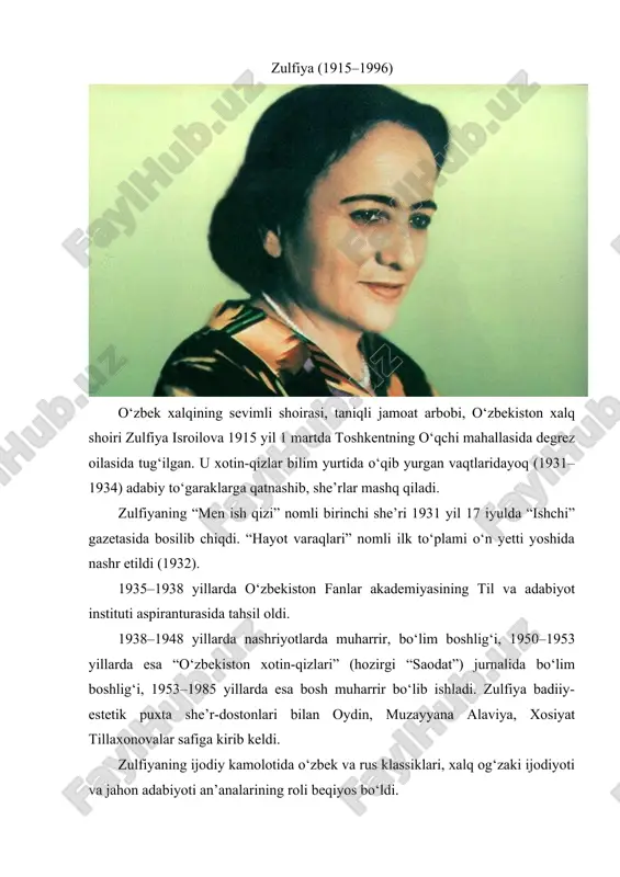 rush davri o‘zbek she’riyatining jangovor ruhini ifodalovchi asarlar qatoridan o‘rin olgan. shoiraning urushdan keyingi yillarda yaratilgan “dalada bir kun” (1948), “tong qo‘shig‘i” (1953) kabi she’rlar turkumi, shuningdek, “hulkar” (1947), “men tongni kuylayman” (1950), “dugonalar bilan suhbat” (1953), “yuragimga yaqin kishilar” (1958), “gullarim” (1959), “tanlangan asarlar” (1959), “hayot jilosi” (1961), “kuylarim sizga” (1963), “she’rlar” (1963), “kuylarim sizga” (to‘ldirilgan 2-nashri, 1965), “o‘ylar” (lirika, 2-nashri, 1969), “lolaqizg‘aldoq” (1970), “quyoshli qalam” (1971), “visol” (1972), “asarlar” (2 tomlik, 1-jild, 1974,2-jild, 1975), “yillar, yo‘llar…” (1975) kabi to‘plamlarida vatan madhi, mehnat jarayonida fidokorlik ko‘rsatayotgan kishilar hayoti jo‘shib kuylanadi. uning “so‘roqlaydi shoirni she’rim” (1960), “oydin” (1953), “quyoshli qalam” (1967) kabi ocherk va dostonlari hamza, oybek, oydin, hamid olimjon kabi ustozlarning yorqin xotiralariga bag‘ishlangan. zulfiya hamid olimjonning “semurg‘”, “zaynab va omon” dostonlari asosida pyesa va opera liberettosini ham yaratgan. zulfiya “o‘ylar”, “shalola” kabi she’riy to‘plamlari uchun respublika davlat mukofotiga sazovor bo‘lgan (1970). u o‘ttizdan ziyod she’riy va nasriy kitoblar …