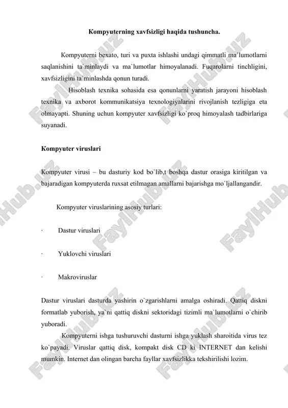 a yo`q qilish. viruslardan himoyalanishni uchta usuli bor: himoyani dasturiy usullari, himoyani apparat usullari, himoyani tashkiliy usullari. «kasalni davolashdan ko`ra uni oldini olish yaxshi» iborasini qo`llab virusga qarshi kurashda samaraga erishiladi. buning uchun aloqa vositalaridan kelayotgan fayl ko`rinishidagi ma`lumotlarni avp kasperskaya antivirus dastur aro yordamida nazoratdan o`tkazib so`ng xotiraga yoziladi. himoyani antivirus vositalari kompyuter viruslariga qarshi kurashda dtweb, web32,. norton antivir. avp kasperski va noviskiy antivirus dasturlari ishlatib kelinmoqda. bu dasturlarni oxirgi versiyalarini internet tarmog`idan olish mumkin, chunki uning antivirus bazasi har doim yangilanib boriladi.bu dasturlar yordamida fayllarni va jildlarni xususiyatlari va o`lchamlarini o`zgarishini operativ nazorat qilib borish ta`minlanadi va displey ekraniga tekshirish hisobotlari chiqariladi. internetda axborotni himoyalash jahon kompyuter tarmog`ida ishlayotganda shuni yodda tutish kerak, maxsus dasturiy vositalar tomonidan bajarilgan barcha qonuniy va noqonuniy amallar qayd etiladi va protokol yoziladi, albatta jamlanadi. 1999 yildan boshlab internet chakana savdo aylanmasini ta`minlovchi qudratli vositaga aylanmoqda. internet ochiq tizim bo`lgani uchun unga …