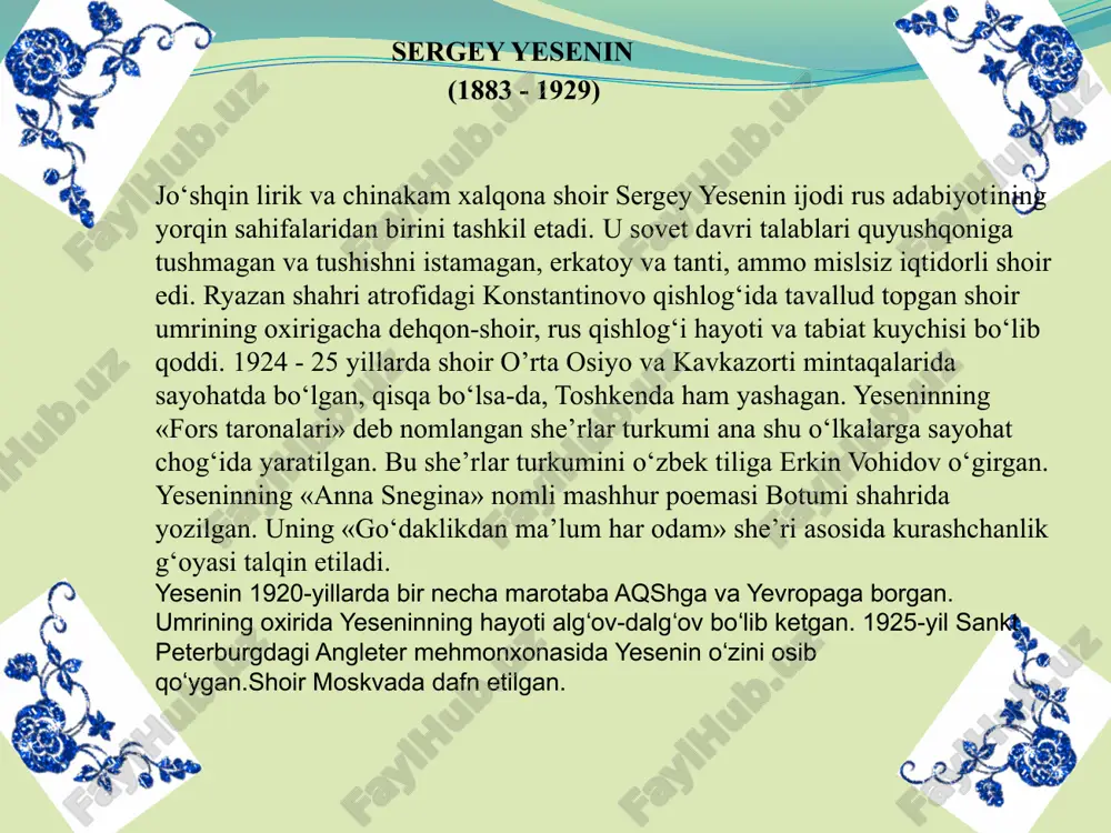 meri lavozimiga ham saylangan. vilyam 1 8 yoshida davlatmand qo'shnisining qiziga uylanadi. ularning oilasida uchta qiz dunyoga kelgan. taxminan 1587 yilda vilyam shekspir londonga ko'chib boradi va 1593 yilda jems berbej teatrida aktyor, rejessor va dramaturg sifatida xizmat qila boshlaydi. umri davomida jami 37 p'esa yozgan shekspir ijodi uch davrga bo'linadi. birinchi davrda yozilgan asarlari rang - barang quvnoq komediyalardan iborat. bular 'yoz kechasidagi tushl' (1595), 'venetsiya savdogari' (1596),'hech narsadan ko'p g'avg'o' (1598), 'bun isiga nima deysiz?' (1599), 'o'n ikkinchi kecha' (1600) va boshqalar. xuddi shu davrda u ingliz tarixidan olingan 'richard iii', 'richard ii', ikki qismdan iborat 'genrix iv' tarixiy p'esalarini, 'romeo va jul'etta' hamda 'yuliy sezar' singari fojialarni y aratdi. shekspir ijodining ikkinchi davri 1601 - 1608 yillarga to'g'ri keladi. bu davrda buyuk dramaturg ijodining shoh asarlari sifatida tan olingan 'hamlet' (1601), 'otello' (1604), 'qirol lir' (1605), 'makbet' (1605),'antoniy va kleopatra' (1606), 'koriol an' (1607),'afinalik timon' (1608) fojialari …