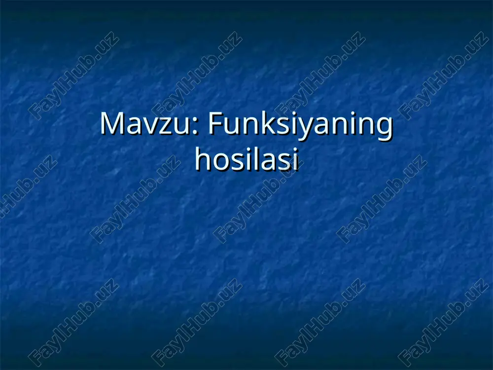( lim 00     x x f xx  demak, berilgan funktsiyaning nuqtadagi hosilasi demak, berilgan funktsiyaning nuqtadagi hosilasi 2 ga teng. 2 ga teng.  ushbu ushbu  funktsiyaning ixtiyoriy funktsiyaning ixtiyoriy x x nuqtadagi hosilasini nuqtadagi hosilasini toping. toping.  bu funktsiyaning bu funktsiyaning xx nuqtadagi orttirmasi nuqtadagi orttirmasi bo‘lib,bo‘lib,  bo‘ladi.bo‘ladi. 2)1( f x xf 1 )(  )0( x )( 11 )()()( xxx x xxx xfxxfxf      . )( 1)( xxxx xf     keyingi tenglikda da limitga o‘tib keyingi tenglikda da limitga o‘tib topamiz:topamiz:  keyingi tenglikda da limitga o‘tib topamiz:keyingi tenglikda da limitga o‘tib topamiz:  demak, berilgan funktsiyaning demak, berilgan funktsiyaning xx nuqtadagi nuqtadagi hosilasihosilasi  bo‘lar ekan. bo‘lar ekan. 200 1 ) )( 1 (lim )( lim xxxxx xf xx       2 1 )( x xf  agar …