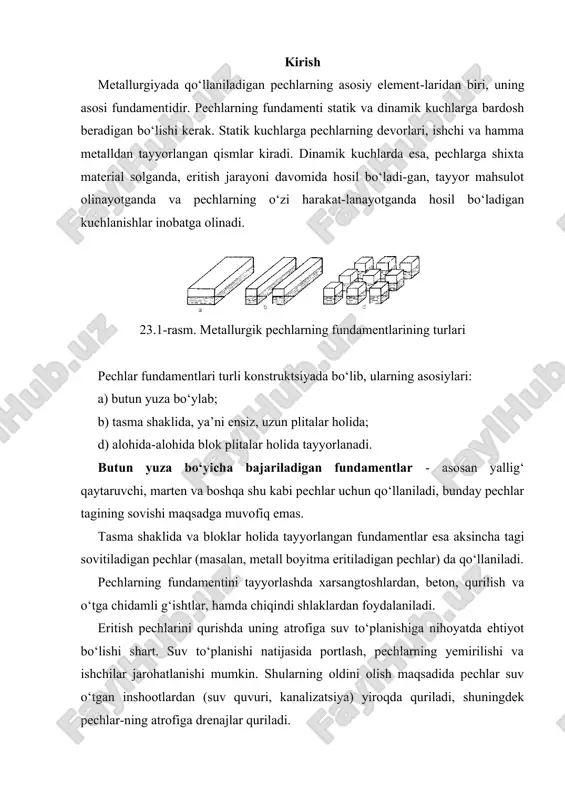 shqi mahkamlagichdan, xomashyo solinadigan va tayyor mahsulot olinadigan hamda gazlar harakatlanadigan yo‘ldan tashkil topgan. pech asosining mahkamlagichlari pechlarning turiga qarab, alohida-alohida metalldan tayyorlangan, metall belbog‘lar holida yoki pech asosini to‘la qoplagan metall qobig‘dan iborat bo‘ladi, (23.2 - rasm). qoplamaga ishlatiladigan metall listlarning qalinligi 8mm dan 30 mm ga boradi. to‘g‘ri to‘rtburchak shaklidagi pechlarning shipi yarim yoy shaklida quriladi, sabab pechdagi issiqlik nuri eritilayotgan mahsulot tomon yo‘naltirishdir. shuning uchun pechlar shipini tayyorlash katta javobgarlikni talab qilib, yoyni qurishda unga tushadigan tayanch kuchi p quyidagi formula orqali hisoblanadi: 23.2 - rasm. metallurgik pechlar asosining mahkamlanish usullari ; ; pech qizdirilganda devorlari issiqlikdan sezilarli darajada ken-gayadi, shu kengayishni hisobga olib, asosiy formulaga k – koef-fitsient kiritamiz. u holda formulamiz quyidagi ko‘rinishda bo‘la-di: harorat t=1000°c bo‘lganda k=2,5 va harorat t=1200 ÷ 1500°c bo‘lganda k = 3 ÷ 3,5 qabul qilinadi. silindr shaklidagi pechlar to‘liq metall qobiqdan iborat bo‘lib, uning ustida bir necha umuman qalin …
