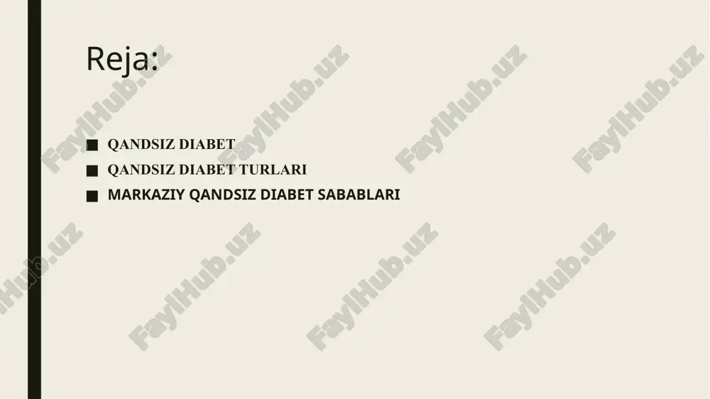 simon bezning tiroksin ishlab chiqarishini rag’batlantiradigan tireotrop gormon (gipofiz bezida sintez qilinadi) ajralishini kuchaytiradi. qandsiz diabet turlari ■ qandsiz diabet rivojlanish mexanizmlarini hisobga olgan holda uni ikki asosiy turga bo’lish mumkin: ■ markaziy qandsiz diabet. gipotalamusta vazopressin ishlab chiqarilishi yetishmovchiligi yoki uning gipofiz bezidan qonga o’tishi buzilishi natijasida shakllanadi. ■ buyrakli (nefrogen) qandsiz diabet. ushbu shaklda vazopressin darajasi me’yorda bo’ladi, ammo buyrak to’qimasi unga reaktsiya bermaydi. ■ bundan tashqari, ba’zida stressga javoban psixogen polidipsiya (kuchli chanqash) rivojlanadi. ■ shu bilan birga, qandsiz diabet homiladorlik paytida shakllanishi mumkin. buning sababi — yo’ldosh (platsenta) fermentlari bilan vazopressinning parchalanishidir. odatda, kasallikning belgilari homiladorlikning uchinchi trimestrida namoyon bo’ladi, lekin tug’ruqdan keyin ular o’z- o’zidan yo’qolib ketadi. markaziy qandsiz diabet sabablari ■ miya shikastlanishlari: ■ gipofiz yoki gipotalamus o’smalari; ■ bosh miyadagi operatsiyalardan keyingi asoratlar; ■ sifilis; ■ ba’zan o’tkazilgan infektsiyalardan so’ng rivojlanadi: o’rvi, gripp va ■ boshqalar; ■ ensefalit (bosh miyaning yallig’lanishi); ■ bosh …