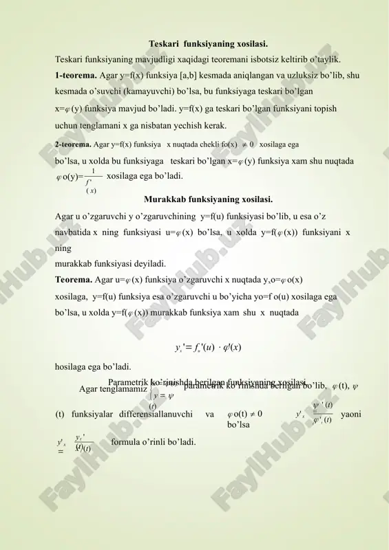 i x ning murakkab funksiyasi deyiladi. teorema. agar u= (x) funksiya o’zgaruvchi x nuqtada yxo= o(x) xosilaga, y=f(u) funksiya esa o’zgaruvchi u bo’yicha yo=f o(u) xosilaga ega bo’lsa, u xolda y=f( (x)) murakkab funksiya xam shu x nuqtada ux ' fu '(u) '(x) hosilaga ega bo’ladi. parametrik ko’rinishda berilgan funksiyaning xosilasi. agar tenglamamiz   y   (t) x   (t) parametrik ko’rinishda berilgan bo’lib,  (t),  (t) funksiyalar differensiallanuvchi va  o(t)  0 bo’lsa  't (t)  ' (t)  t y' x yaoni x't (t) y ' (t) y'  t x formula o’rinli bo’ladi. asosiy elementar funksiyalarning hosilalari. 1. y=xn (x>0) darajali funksiyaning xosilasini topaylik. funksiya xosilasining ta’rifiga ko’ra  u=(x+  x) n-xn=x n[ 1  x  -1yo] , p x      x u = x x  x p      x …