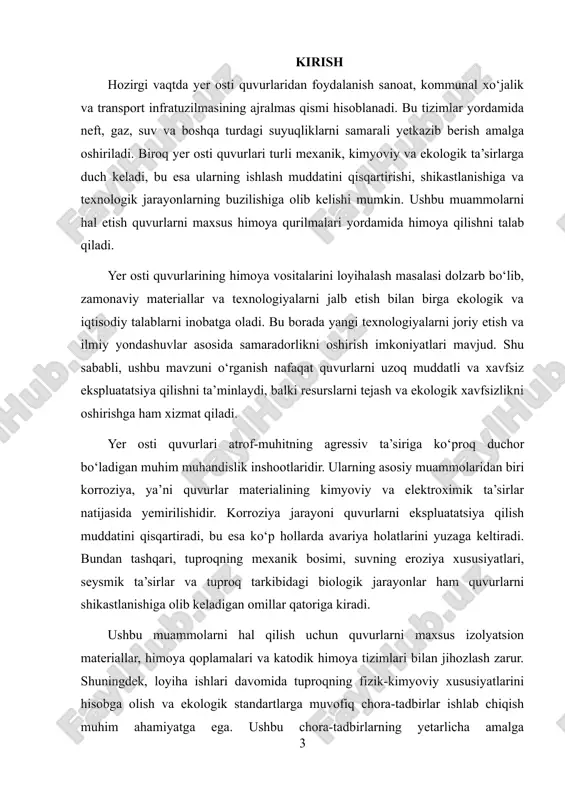 likni oshirishga ham xizmat qiladi. yer osti quvurlari atrof-muhitning agressiv ta’siriga ko‘proq duchor bo‘ladigan muhim muhandislik inshootlaridir. ularning asosiy muammolaridan biri korroziya, ya’ni quvurlar materialining kimyoviy va elektroximik ta’sirlar natijasida yemirilishidir. korroziya jarayoni quvurlarni ekspluatatsiya qilish muddatini qisqartiradi, bu esa ko‘p hollarda avariya holatlarini yuzaga keltiradi. bundan tashqari, tuproqning mexanik bosimi, suvning eroziya xususiyatlari, seysmik ta’sirlar va tuproq tarkibidagi biologik jarayonlar ham quvurlarni shikastlanishiga olib keladigan omillar qatoriga kiradi. ushbu muammolarni hal qilish uchun quvurlarni maxsus izolyatsion materiallar, himoya qoplamalari va katodik himoya tizimlari bilan jihozlash zarur. shuningdek, loyiha ishlari davomida tuproqning fizik-kimyoviy xususiyatlarini hisobga olish va ekologik standartlarga muvofiq chora-tadbirlar ishlab chiqish muhim ahamiyatga ega. ushbu chora-tadbirlarning yetarlicha amalga oshirilmasligi quvurlarni ekspluatatsiya qilishdagi uzilishlar, iqtisodiy zararlar va ekologik 4 xavflarga olib keladi. shu bois, quvurlarni samarali himoya qilish tizimlarini loyihalash nafaqat texnologik, balki strategik masala sifatida qaraladi. 5 i. asosiy qism 1.1. yer osti quvurlardagi korroziya va uning turlari …