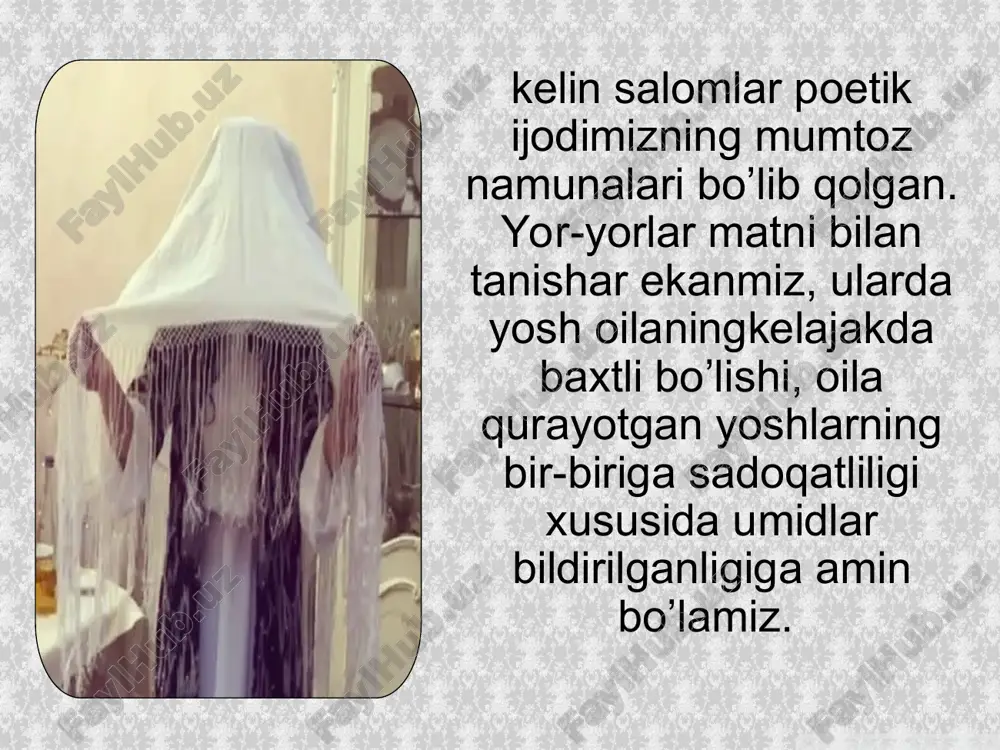 ikka e’tibor bering: uzoqqa borgan qizning rangi sariq yor-yor, ko’zida oqqan yoshi misli ariq, yor-yor. ammo bevosita to’yning o’tkazilish sharoitini ko’z oldimizga keltirsak, chor-atrofda o’yin-kulgilarga e’tiborning kuchliligini narzda tutsak, yuqoridagi qo’shiqlarda aks ettirilgan qayg’u-alamlar to’y ishtirokchilariga u qadar katta ta’sir ko’rsatmasligi ham o’z-o’zidan ravshan bo’ladi. marosim qo’shiqlaridan yor-yorlari bir qator badiiy jihatdan mukammalligi bilan ajralib turadi. xususan, bu qo’shiqlarida parallelizm tasvir san’atining namoyon bo’lishi ko’proq uchraydi. parallelizm deganda, tasvirlanayotgan bir voqea-hodisani ikkinchi bir voqea-hodisaga qiyoslash nazarda tutiladi. masalan. tokchadagi qaychini zang bosibdi yor-yor, yangi tushgan kelinni g’am bosibdi yor-yor. yoki: tog’da toychoq kishnaydi, ot bo’ldim deb, yor-yor, uyda kelin yig’laydi, yot bo’ldim deb, yor-yor. yuqoridagi misollarda tokchadagi qaychining zang bosishi bilan kelinning g’am bosishi, toychoqning ot bo’lib kishnashi bilan qizning o’z oilasidan yot bo’lib ketishi qiyoslangandir. bunday tasvir san’ati parallelizm hisoblanadi. yor-yor qo’shiqlarining qofiyalanish tarzi ko’pincha ab, ab tarzda va ba’zan ab, vb tarzda bo’ladi. yor-yorlar matnini o’rganish shuni ko’rsatadiki, …