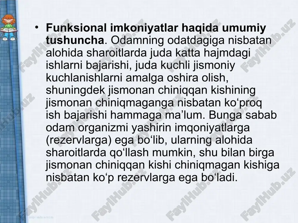 ahamiyati. jismoniy madaniyat va sport bolalar hamda o‘smirlarda ko‘pgina fazilatlar, shu jumladan, ularning jismoniy baquvvat bo‘lishi, harakat ko‘nikmalari hamda jismoniy xususiyatlari takomiliga yetishi, organizmning zaxira kuchlari, ish qobiliyati, ko‘pgina kasalliklarga nisbatan qarshilik kuchining oshishiga yordam beradi. biroq chidamlilik, umumiy salomatlik holati hammada bir xil bo‘lmaganidek, yuklama ham bir xil bo‘lishi mumkin emas. maktab yoshidagi bolalarni jismoniy tarbiyalash vazifalari 1. sog‘ligini mustahkamlash, o‘quvchilarni chiniqtirish, ularning to‘g‘ri jismoniy rivoji va yuqori aqliy ish qobiliyatini saqlab turishiga ko‘maklashish. 2. jismoniy xususiyatlarini tarbiyalash (chaqqonlik, kuchlilik, tezlik, bardoshlilik, qayishqoqlik) va hayotiy zarur harakat ko‘nikmalari: yurish, yugurish, sakrash, otish, tirmashib chiqish, oshib o‘tish, safda yurishga tayyorgarlik, qomatni rostlash, muvozanatni saqlashga doir mashqlar, harakatlar aniqligi va muvofiqligi, ritm hamda sur'at sezgisi, jamoa bo‘lib harakat qilish ko‘nikmalari orqali o‘quvchilarni "barkamol avlod uchun" me'yoriy talablarini bajarishga tayyorlashni shakllantirish. 3. jismoniy tarbiya va sport sohasidagi maxsus bilimlardan xabardor qilish va tashkiliy ko‘nikmalarni, shuningdek, shaxsiy hamda jamoat gigienasi ko‘nikmalarini, madaniy xulq-atvor …