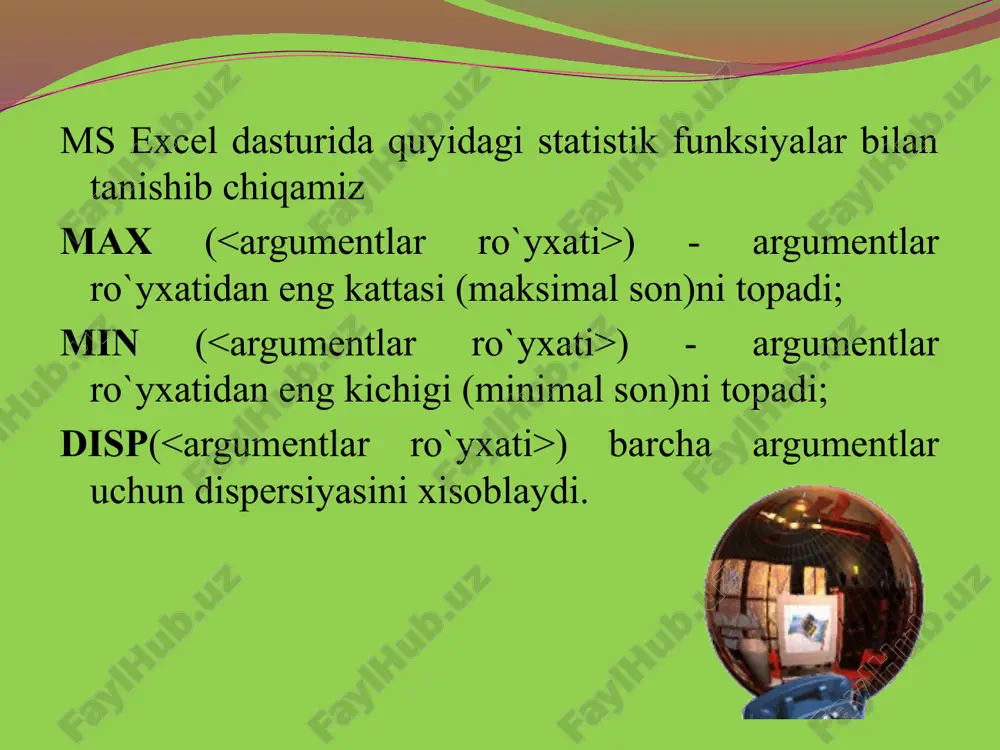 ish statistik funksiyalar reja: slide 2 slide 3 slide 4 slide 5 slide 6 slide 7 slide 8 slide 9