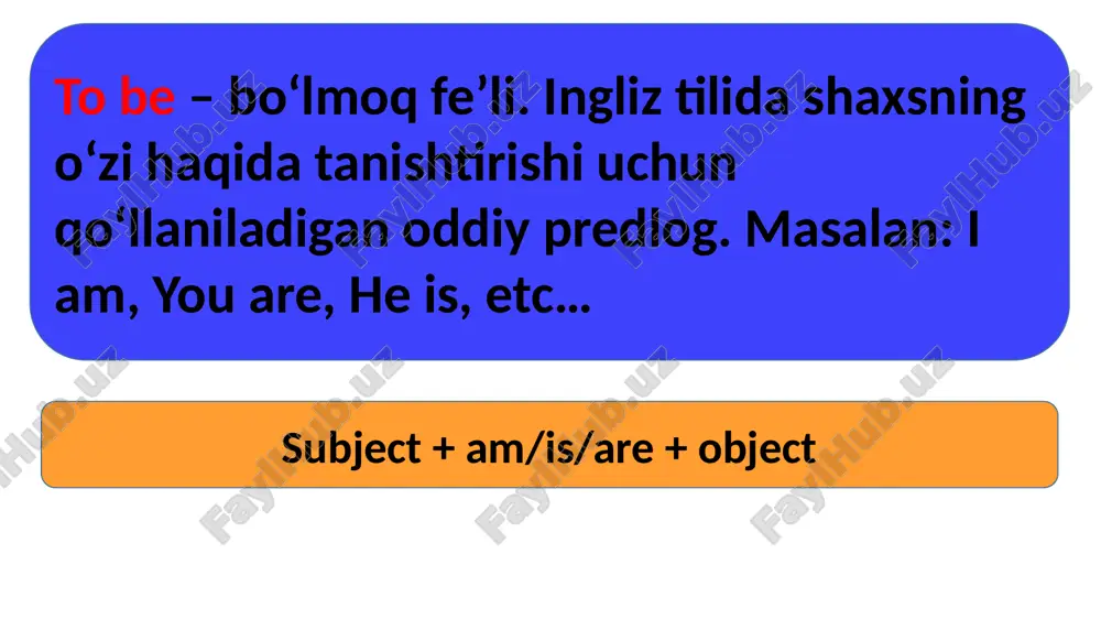 exercise bo‘shliqlar o‘rnini “to be”ning positive formatlari bilan to‘ldi-ring(diqqat! keyingi sahifani mashqni ishlab bo‘lganingizdan keyin ochishingizni tavsiya qilamiz) 1. i am a player and she is a coach 2. you are a doctor 3. he is a soldier 4. it is a dog 5. we are neighbours 6. you are teachers 7. they are wolfs exercise bo‘shliqlar o‘rnini “to be”ning negative formatlari bilan to‘ldi-ring(diqqat! keyingi sahifani mashqni ishlab bo‘lganingizdan keyin ochishingizni tavsiya qilamiz) 1. i ... a player 2. you … a pilot 3. he … a robber 4. she … a driver 5. we … programmers 6. they … balls exercise bo‘shliqlar o‘rnini “to be”ning negative formatlari bilan to‘ldi-ring(diqqat! keyingi sahifani mashqni ishlab bo‘lganingizdan keyin ochishingizni tavsiya qilamiz) 1. i’m not a player 2. you aren’t/’re not a pilot 3. he isn’t/’s not a robber 4. she isn’t/’s not a driver 5. we aren’t/’re not programmers 6. they aren’t/’re …