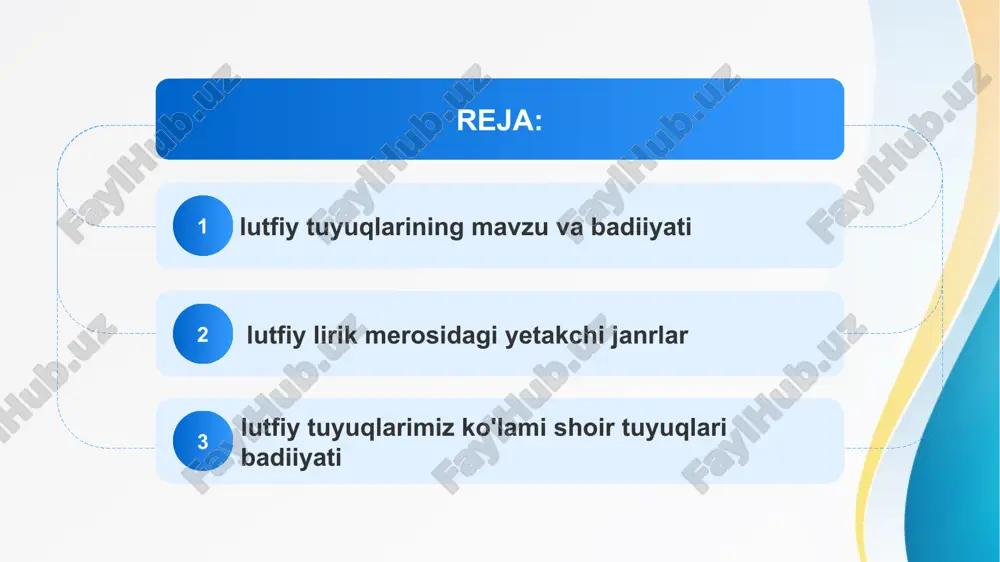 ni tushunish va ijodiy yondashuvni rivojlantirishga yordam beradi. 3.ijtimoiy va falsafiy g‘oyalarni o‘rganish: lutfiy tuyuqlarida jamiyatdagi ijtimoiy muammolar, axloqiy qadriyatlar va insonning ruhiy holati tasvirlanadi. kurs ishi orqali o‘quvchi nafaqat adabiyotni, balki lutfiy asarlarida aks etgan falsafiy va ijtimoiy g‘oyalarni ham o‘rganadi. kurs ishining maqsadi: 1.lutfiy tuyuqlari tahlilini o‘rganish: kurs ishining asosiy maqsadi lutfiy tuyuqlari janrini va uning she'riy uslubini chuqur o‘rganishdan iborat. lutfiy asarlaridagi fikrlarni va g‘oyalarni tahlil qilib, uning zamonaviy adabiyotdagi o‘rnini aniqlash. 2.lutfiy ijodining ijtimoiy va falsafiy g‘oyalarini o‘rganish: lutfiy tuyuqlarida jamiyatdagi ijtimoiy muammolar, axloqiy qadriyatlar va falsafiy fikrlarni aniqlash. shu bilan birga, uning asarlarida ifodalangan g‘oyalar va qarashlarni tahlil qilish. 3.tuyuq janrining adabiyotdagi o‘rnini o‘rganish: lutfiy tuyuqlari janrining o‘ziga xos xususiyatlarini, tuyuqning mazmuni va shaklini o‘rganish. janrni o‘zbek adabiyotida va umuman sharq she’riyatida tutgan o‘rnini aniqlash. 4.lutfiy asarlarini zamonaviy nuqtai nazardan tahlil qilish: lutfiy tuyuqlari va uning she’rlaridagi ma'naviy, axloqiy, va falsafiy masalalarni zamonaviy adabiyotshunoslik yondoshuvi …
