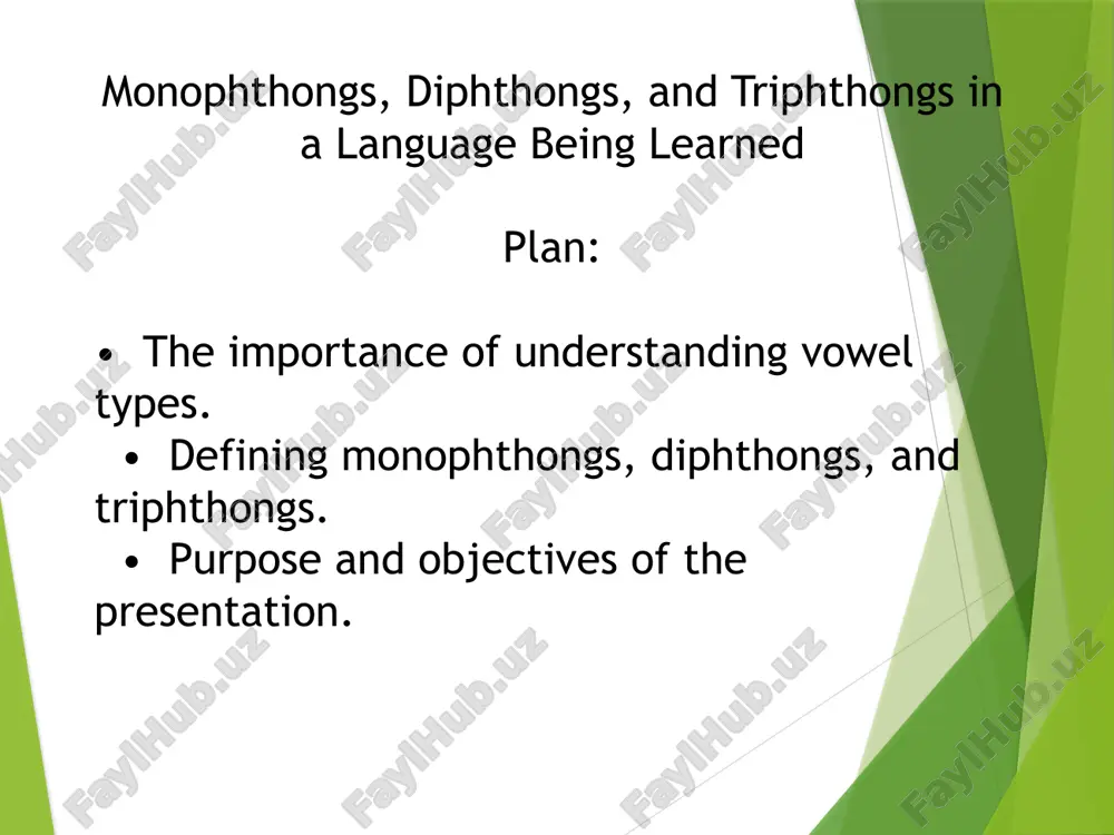 ch • how vowel types vary in connected speech and context. • the role of stress patterns on vowel quality and length. • the impact of vowel reduction and assimilation on these vowel types. conclusion • summary: monophthongs are single vowels; diphthongs involve a glide between two vowels; and triphthongs involve glides through three vowels. • importance: understanding these vowel types is key for improving pronunciation. • implications: for language learning and teaching, it is important to understand how different vowel types are produced and used in speech, so that they are effectively taught and learned. image1.jpeg image2.jpeg image3.png image4.jpeg image5.png image6.png image7.jpeg /docprops/thumbnail.jpeg