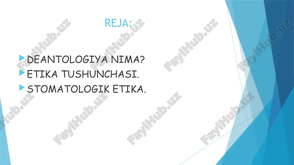 shunchalari — kategoriyalari bor: fazilat va illat, yaxshilik va yomonlik, halollik, rostgo ylik, kamtarlik, adolat, burch, vijdon, nomus, ideal, ʻ baxt, hayotning ma nosi va boshqalar axloq inson va ʼ jamiyat hayotining barcha (shaxsiy, jamoaviy, kasbiy va h.k.) jabhalarini qamrab olganligi tufayli uni o rganuvchi ʻ e. barcha fanlar bilan aloqador. ayniqsa, uning ma naviyat ʼ tizimidagi fanlarga ta siri kattaʼ . stomatologik(tibbiy) deontalogiya va etika.  tibbiyot deontologiyasiga (stomatologik deontalogiya ham) vrachning sir saklashi, bemorning hayoti va sog lig i uchun tibbiyot xodimining javobgarligi, tibbiyot xodimlarining o zaro ʻ ʻ ʻ munosabati masalalari va boshqa kiradi. tibbiyot deontologiyasiga muvofiq, tibbiyot xodimi bemorga katta e tibor berishi, uning sog lig ini tiklash yoki azobini yengillatish uchun butun ʼ ʻ ʻ bilimini sarflashi, bemorga uning sog lig i haqidagi faqat foyda keltira oladigan ma lumotlarni ʻ ʻ ʼ aytishi (qarang psixoterapiya), bemorning vrach bilan sirdosh bo lishiga erishuvi zarur. ʻ bemorning …
