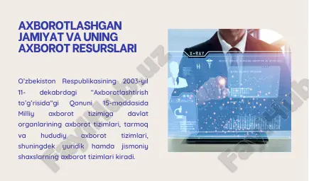 onunning 20-moddasida: “axborot resurslari va axborot tizimlari, agar ular bilan g’ayriqonuniy munosabatda bo’lish natijasida axborot resurslarining yoki axborot tizimlarining mulkdorlariga, egalariga yohud boshqa yuridik hamda jismoniy shaxslarga zarar yetkazilishi mumkin bo’lsa, muhofaza qilinishi kerak. davlat organlari, yuridik va jismoniy shaxslar davlat sirlari hamda maxfiy sirlar to’g’risidagi axborotni o’z ichiga olgan axborot resurslari va axborot tizimlarining muhofaza qilinishini ta’minlashi shart”, deb alohidako’rsatilgan. davlat organlari axborot tizimlari tarkibiga quyidagilarni kiritish mumkin: muayyan davlat organi tomonidan maqsad hamda vazifalarini amalga oshirishga xizmat qiluvchi tranzaksiyali va hisobdagi mavjud quyi tizimlar; milliy axborot tizimi tarkibidagi, davlat organlari o’rtasida axborot tizimlari orqali ma’lumot almashinishga xizmat qiluvchi quyi tizimlar davlat organi faoliyatida boshqaruv va ish jarayonini osonlashtirishga xizmat qiluvchi resurslarni boshqarishning quyi tizimlari davlat organlari faoliyatida ma’lumotlarni yig’ish, qayta ishlash, saqlash va tahlil qilishga xizmat qiluvchi axborot-tahliliy quyi tizimlar elektron hujjat almashinuvining quyi tizimlari; hujjatlarning elektron arxivini boshqarishga doir quyi tizimlar ekspluatatsiyani boshqarish (infratuzilma komponentlarini boshqarish tizimlari)ga …