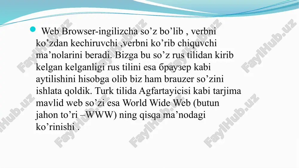 oydalanish mumkin. ms windows notepad yoki wordrad tahrirlagichida ishlaganda html — hujjatlarni matn ko'rinishida saqlash uchun »soxranit kak» buyrug'idan foydalanish kerak. oddiy matnli fayldan html — hujjatlar maxsus belgilar kodi (teglar) bilan farqlanadi. bu kodlar hujjatni formatlash, tayyormaketni aniqlash, boshqa hujjatlarga taalluqli murojaatlami ifodalash va boshqa ko'pgina amallami bajaradi html — kodlar, odatda, bosh harflar bilan yoziladi. bu esa, o‘z navbatida, ularni asosiy matndan farqlashni va tahrirlashni osonlashtiradi. maxsus kodlar (teglar)da yozilgan html — hujjatning natijasini ko'rish brouzer (browser) deb nomlanuvchi dastur orqali amalga oshiriladi. bu kategoriyadagi dastur vositalariga html formatdagi elektron hujjatlarni ko'rish uchun mo'ljallangan vositalar kiradi 8 zamonaviy brouzerlar nafaqat matn va grafikani, balki musiqarti, inson nutqini, intemetda radio to'lqinlarini eshitishni, video konferensiyalami ko'rishni, elektron aloqa xizmati bilan ishlashni, telekon­ferensiyalar xizmati bilan tanishish va shunga o'xshash ko'pgina imkoniyatlarni yaratadi. html — hujjatlar uchun eng k o 'p qo'llaniladigan brouzerlarga internet explorer va operalarni misol qilib keltirish mumkin. brouzerda …