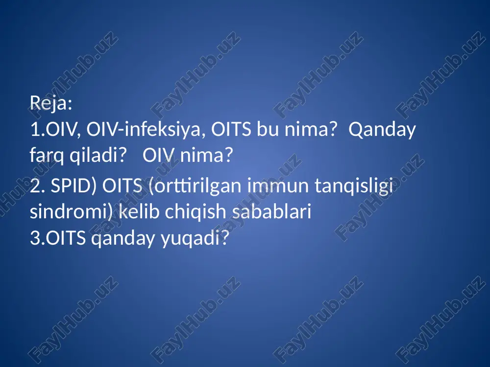 katimiz fuqarosida ham oitv infeksiyasi aniqlanadi: bu ayol afrika fuqarosiga erga tegib, uning ota-onasinikiga boradi. u yerda farzandli bo’ladi, ammo oilaviy kelishmovchilik natijasida qaytib keladi. qaytgandan so’ng unda mazkur virus aniqlanadi. xxi asr vabosi bo’lmish bu kasallik oits nomini olguncha “sayoq yurganlar chumasi”, “4 g” (ya’ni, gomoseksualistlar (75-77%), o’ziga geroin yuboruvchilar (16%), donorlar qonidan tayyorlangan dorilardan zararlangan gemofiliya kasallari hamda amerikadan tashqari eng ko’p kasallik kuzatilgan gaiti aholisi ) kabi nomlar bilan atalgan. spid) oits (orttirilgan immun tanqisligi sindromi) immunodefisit virusi vich bilan ifloslanish orqali rivojlanadi. bu kasallikda odam immun sistemasi zararlanib, organizm infeksiyaga qarshi kurashish xususiyati pasayib ketadi. vich bilan odam zararlanganidan so’ng butun umr mobaynida vich tashuvchisi bo’lib qoladi. faol turga o’tganda turli a`zo va tuzumlar (nafas olish, siydik chiqarish, ovqat xazm qilish va boshqalar) zararlanishi kuzatiladi. oits juda ko’p simptomlarga ega. oits har doim o’lim bilan tugaydi. patogenezi oiv organizmga tushgandan keyin aloxida kon xujayralariga xujum kiladi: …