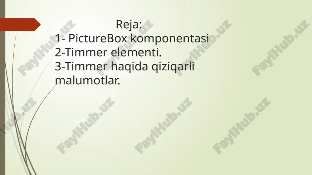 ompanentasining o’rtasi - ga tashlaydi.  zoom – bunda tanlangan rasm o’lcha mi picturebox o’lchamiga moslashtirila di va kompanentaning chegaralarini to’liq qoplamasligi mumkin.  timmer kompanentasi  timmer kompanentasi all windows forms kompanentalar panelida joylashgan. uning vazifasi vaqtni hisoblash.  timmerning enabled xossasi timmerni ishga tushirish va uni to’xtatishni boshqaradi.  timmerning yana bir xossasi bo’lmish inter-val, vaqt oralig’ini ifodalash uchun xizmat qiladi, ya’ni biron bir buyruqni bajarishda vaqt intervali, shu buyruqni qncha milli sekunddan keyin boshlashni ko’rib chiqadi, bunda 1000 millisekund 1sekundga to’g’ri kelsa, intervalning odatiy xolati 100 millise-kundda turadi.  kompanentaning asosiy metodi bu start() va stop() bo’lib, u timer vaqtini bosh-laydi.  timerning faqatgina bitta xodisasi mav – jud, u tick xodisasi.  timerning qanday ishlashini o’rganish maqsadida quyidagi dasturni o’rganish lozim:  timer, button, progressbar, komponenta larini tanlaymiz va formga joylaymiz. ushbu dastur to’liq ishga tushishi uchun lozim bo’l-gan kutubxonani qo’shishimiz lozim ya’ni #include bu kutubxona …