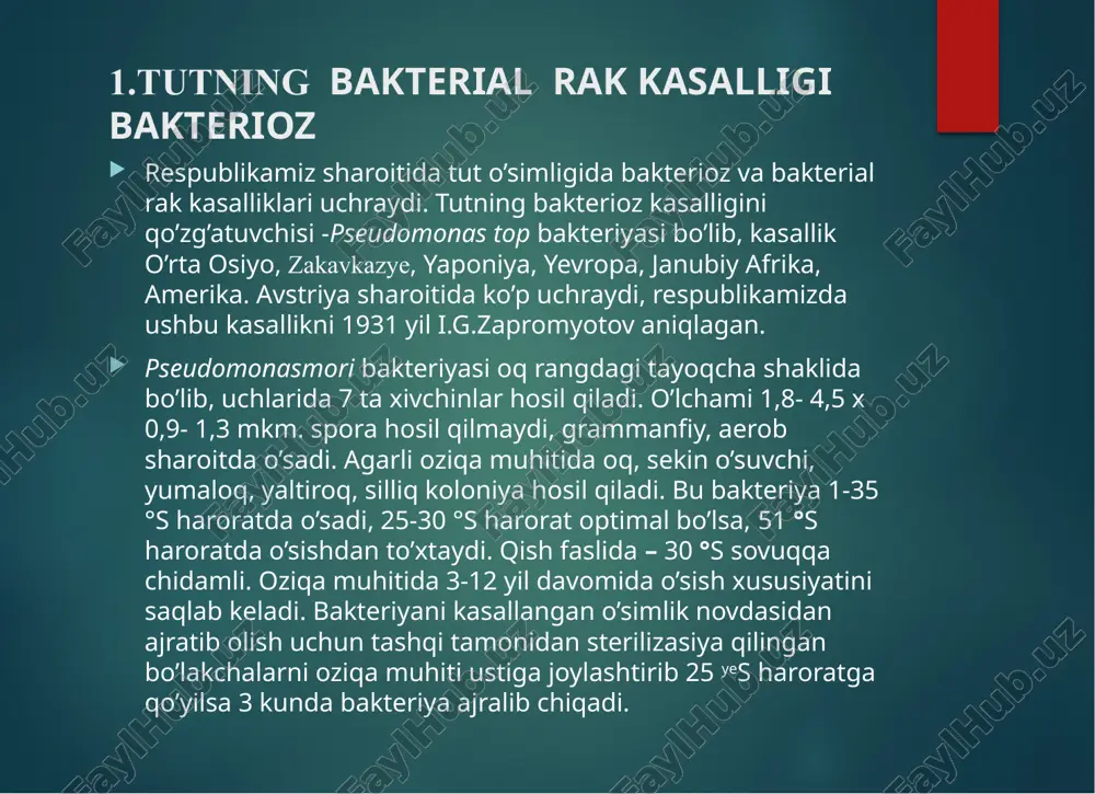 lar va o’sish nuqtasi orqali kiradi. kasallik belgilari o’simlik turiga qarab 4-18 kunda namoyon bo’ladi. kasallikning tarqalishiga kasallangan novda. barg, ko’chat, o’simlik qoldig’i asosiy vosita hisoblanadi. tut daraxtini bakterioz bilan kasallanish darajasiga qarab 3 guruhga bo’linadi. keniru - navi 2 ballga kasallanadi - 50 foiz. kokosu- 70, kokoyeu-1.3, sioziso, fusamaro, kokroso navlari - 1 ballga kasallanadi - 1- 34 foiz, xasak, o’zbekistan, vostok, sanish navlari kam kasallanadi. tutning bakterioz bilan kasallanishini hisobga olish uchun tutzordagi barcha daraxtlarni qatorasiga kuzatish yoki har beshta daraxtni o’tkazib hisoblash usuli foydalaniladi. buning uchun kasallanish darajasi ball bilan belgilanadi: - ball barglarda va novdada qisman dog’lar paydo bo’lgan; - ball novdaning yuqoridagi beshtadan barglari kasallangan; 3- ball novdaning yuqoridagi barglarning barchasi kasallangan, novdada botiq dog’lar paydo bo’lgan. 2.tutning un shudring kasalligi.  tutning un shudring kasalligi. un shudring kasalligini qo`zg’atuvchisi phyllactinia suffultta sacc, zamburug’i hisoblanib, aksh da uncimila geniculate gerard, yaponiyada lincimtla mori miyake turi …