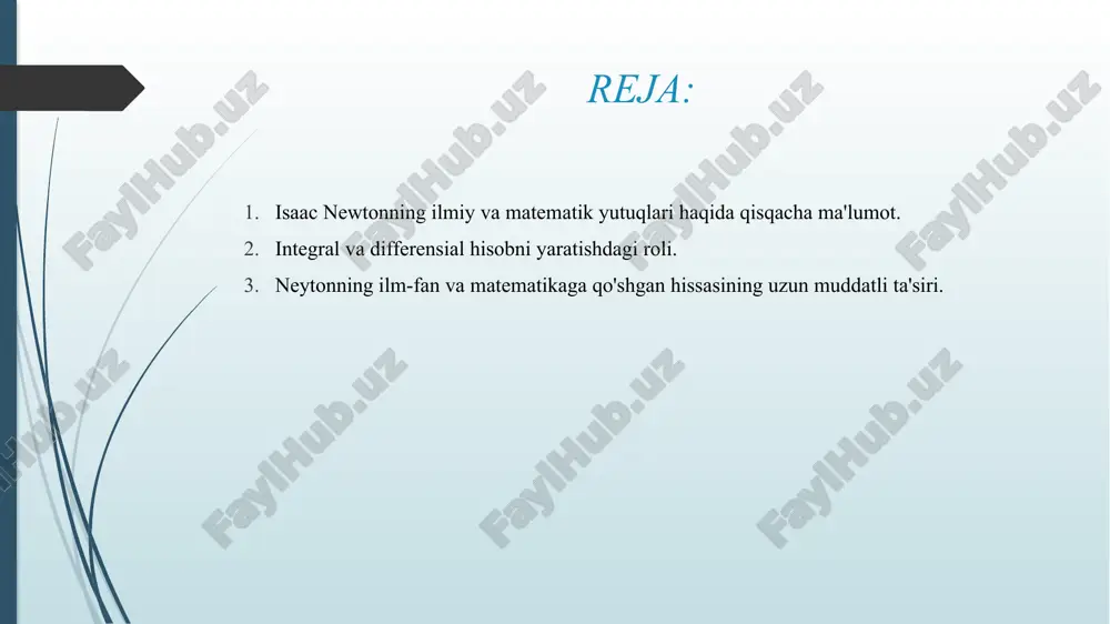 yorug’lik va ranglarning yangi nazariyasi” (1672) nomli optikaga oid qarashlarini bayon qildi. bu ish qizg’in bahsga sababchi bo’ldi. nyutonning yorug’lik tabiati haqidagi korpuskulyar qarashlariga ingliz olimi r.guk qarshi chiqdi. u vaqtda nyuton yorug’lik haqidagikorpuskulyar va to’lqin tasavvurlarni o’z ichiga oluvchi gipotezani olg’a surdi. 1704-yilda nyuton o’zining ko’plab mehnati natijasida yozgan “optika” deb nomlangan kitobini chiqardi. unda yorug’likning xususiyatlari, uning tarkibi, umuman olganda bu kitob optikaga bag’ishlangan edi. nyutonning optika sohasidagi tajribalaridan biri, u quyosh nurini shisha prizma orqali qorong’i xonaga o’tkazib spektrdagi 7 xil rangni hosil qildi. u shuni isbotladiki: oq yorug’lik tarkibida 7 xil rang mavjud ekan. nyuton barcha sayyoralar quyosh atrofida aylanishini ilmiy ravishda isbotlab, keplerning sayyoralar harakati haqidagi qonunlarini tasdiqladi. nyuton matematika faniga koʻplab qonunlar kiritdi, masalan, kombinatorika elementlari, guruhlash, yoki sonlarni oʻrnini almashtirishdagi usullar soni va hokazolarni fanga kiritdi. aytishlaricha, nyuton yoshligidan oʻta kamgap inson boʻlgan ekan. hech qanday ortiqcha yoki behuda gaplar aytishni xush koʻrmas …
