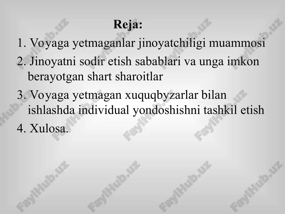 cha vazifalarni amalga oshirish, huquqiy mexanizimni ham takomillashtirish talab etiladi voyaga yetmaganlarning ruhiy xususiyatlarini hisobga olib, ularga nisbatan yengilroq turdagi jazolarning tayinlanishi jazoning maqsadlaridan biri bo'lgan mahkumni axloqan tuzatish vazifasini amalga oshishiga yordam beradi. ijtimoiy xavfi katta bo'lmagan, uncha og'ir bo'lmagan yoki birinchi marta jinoyat sodir qilgan voyaga yetmaganlarni tarbiyalashda jinoiy jazo hisoblanmagan tarbiyaviy xususiyatdagi majburiy choralarni qo'llash jazoning maqsadiga tarbiyaviy xususiyatdagi choralar orqali erishish imkoniyatini beradi. i.klepitsiskiyning aytishicha "voyaga yetmaganlarni axloqan tuzatishning usullaridan biri ularga nisbatan jinoiy jazo hisoblanmagan tarbiyaviy choralarning qo'llanishidir". voyaga yetmaganlar jinoyatchiligining sodir etilishiga olib keladigan sabab va shart-sharoitlarni o'rganmasdan turib jinoyatchilik muammosini atroflicha tahlil qilib bo'lmaydi. chunki ushbu muammoni keltirib chiqaruvchi sabab va shart-sharoitlar davlat va jamiyat hayotida o'rin tutib kelayotgan mavjud muammolar bilan bevosita aloqador bo'ladi. huquqshunos olimlarining fikriga ko‘ra, voyaga yetmaganlar o'rtasida jinoyatchilik sabab va shart - sharoitlari quyidagicha tasniflangan, professor v.s.volkov g'ayriijtimoiy xulq-atvor deformatsiyasining o'ziga xos xususiyatlarini hisobga olgan holda, jinoyatchilik sabablari …