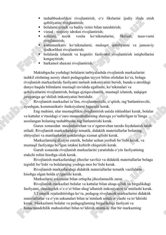 shabbuskorlikni rivojlantirish, o‘z fikrlarini ijodiy ifoda etish qobiliyatini rivojlantirish;  bolalarni texnik va badiiy ixtiro bilan tanishtirish;  vizual - majoziy idrokni rivojlantirish;  xotirani, nozik vosita ko‘nikmalarini, fikrlash, tasavvurni rivojlantirish;  kommunikativ ko‘nikmalarni, muloqot qobiliyatini va jamoaviy ijodkorlikni rivojlantirish;  bolalarda izlanish va kognitiv faoliyatni rivojlantirish istiqbollarini kengaytirish;  barkamol shaxsni rivojlantirish. maktabgacha yoshdagi bolalarni tarbiyalashda rivojlanish markazlarini tashkil etishning asosiy sharti pedagogdan tayyor bilim olishdan ko‘ra, bolaga rivojlanish markazlarida faoliyatni tanlash imkoniyatini berish, bunda u atrofdagi dunyo haqida bilimlarni mustaqil ravishda egallashi, ko‘nikmalari va qobiliyatlarini rivojlantirish, bolaga qiziquvchanlik, mustaqil izlanish, tadqiqot jarayoniga qo‘shilish imkoniyatini berishdir. rivojlanish markazlari ta’lim, rivojlantiruvchi, o‘qitish, rag‘batlantiruvchi, uyushgan, kommunikativ funksiyalarni bajarishi kerak. eng muhimi, ular mustaqillikni rivojlantirish ustida ishlashlari kerak, bolalar va kattalar o‘rtasidagi o‘zaro munosabatlarning shaxsga yo‘naltirilgan ta’limga asoslangan bolaning tashabbusini rag‘batlantirishi kerak. gurux xonasidan moslashuvchan va o‘zgaruvchan tarzda foydalanish talab etiladi. rivojlanish markazlaridagi tematik, didaktik materiallarlar bolaning ehtiyojlari va manfaatlarini qondirishga xizmat …