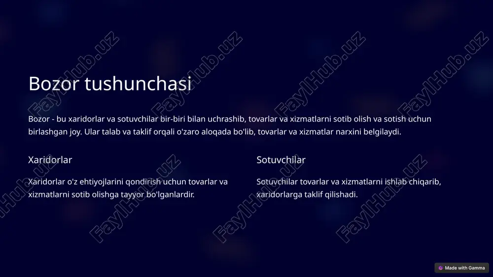 ng oshishiga va muvozanat miqdorining oshishiga olib keladi. taklif pasayishi narxning oshishiga va muvozanat miqdorining pasayishiga olib keladi. 1 talab o'zgarishi narxning oshishi yoki pasayishiga olib keladi. 2 taklif o'zgarishi narxning oshishi yoki pasayishiga olib keladi. 3 muvozanat talab va taklif o'rtasidagi muvozanat narx va miqdorni belgilaydi. 6 talab va taklif bozorining turlari talab va taklif bozori turli shakllarga ega bo'lishi mumkin, ularning har biri o'ziga xos xususiyatlarga ega. to'liq raqobat bozorda ko'plab xaridorlar va sotuvchilar mavjud bo'lib, ularning har biri bozorga ta'sir qilish imkoniyatiga ega emas. monopoliya bozorda bitta sotuvchi mavjud bo'lib, u bozor narxini nazorat qiladi. oligopoliya bozorda bir nechta yirik sotuvchilar mavjud bo'lib, ular bozor narxini nazorat qilish imkoniyatiga ega. 7 talab va taklif bozorining xususiyatlari talab va taklif bozori o'ziga xos xususiyatlarga ega bo'lib, bu xususiyatlar bozor ishlashiga ta'sir qiladi. moslashuvchanlik bozor talab va taklif o'zgarishlariga tez moslasha oladi. samaradorlik bozor resurslarni samarali tarqatish imkonini beradi. …