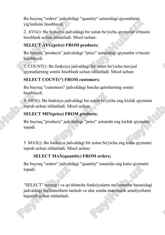 aliyotlarni bajarish uchun ishlatiladi. 2. - jadvalni o'chirish: drop table jadval_nomi; bu buyruq "jadval_nomi" deb nomlangan jadvalni o'chiradi. jadvalni o'chirgandan so'ng, jadvalda saqlangan ma'lumotlar ham o'chiriladi va uni qayta tiklash imkonsiz bo'ladi. shuning uchun bu buyruqni ehtiyotkorlik bilan ishlatishimiz kerak. - baza ni o'chirish: drop database baza_nomi; bu buyruq "baza_nomi" deb nomlangan ma'lumotlar bazasini o'chiradi. baza o'chirgandan so'ng, baza bo'ylab saqlangan barcha jadval va ma'lumotlar ham o'chiriladi va ularni qayta tiklash imkonsiz bo'ladi. bu buyruqni ham ehtiyotkorlik bilan ishlatishingiz kerak, chunki baza o'chirilgandan so'ng uni tiklash imkonsiz bo'ladi. 3. 1) o'quvchilar bazasini yaratish uchun quyidagi sql buyrug'ini ishlatishimiz mumkin: ushbu buyruq "oquvchilar" nomli jadvalni tuzadi. jadvalda to'rtta ustun mavjud: "id" (butun sonlar uchun int), "ism" (50 belgidan kam bo'lmagan matnlar uchun varchar(50)), "guruh" (50 belgidan kam bo'lmagan matnlar uchun varchar(50)) va "fakultet" (50 belgidan kam bo'lmagan matnlar uchun varchar(50)). "id" ustuni primary key sifatida belgilangan. 2) bundan so'ng, o'quvchilar bazasida …