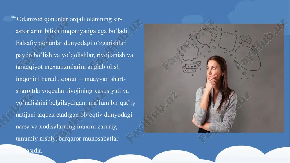 t darajasi xam bir xil emas: muxim va nomuxim tafovvutlar mavjud. narsa va xodisalardagi tafovvutlar qarama-qarshiliklar asosini tashkil etadi. qarama-qarshiliklar deb shunga aytiladiki, tabiatdagi narsa va xodisalargada mavjud bo’lgan tomonlar, xossalar va yo’nalishlar bir-birini inkor qiladi, bir vaqtning o’zida bir-birini taqazo xam qiladi. inkor inkorni inkor qonuniga muvofiq ob’ektiv voqelikdagi narsa va xodisalarning rivojlanishi jarayonida eskining yangi tomonidan inkor qilish ro’y beradi. birok eskilik butunligicha inkor qilinmay, undagi ijobiy tomonlar saqlanib qoladi. metafizik yo’nalish inkorning ijodiy yaratuvchanlik rolini tan olmaydi. bundan farqli ularoq, dialektik qarash eski narsani yangi narsa inkor qilishini ta’kidlaydi. xar bir jarayon inkor qilish jixatiga ega. ichki zidiyatlar tufayli tarakkiyot jarayonini ertami kechmi eski narsaning yemirilishiga va yangi narsani vujudga kelishiga olib keladi. image1.png image2.png image5.jpeg image6.jpeg image7.jpeg image3.jpeg image8.jpeg image9.jpeg image4.jpeg /docprops/thumbnail.jpeg
