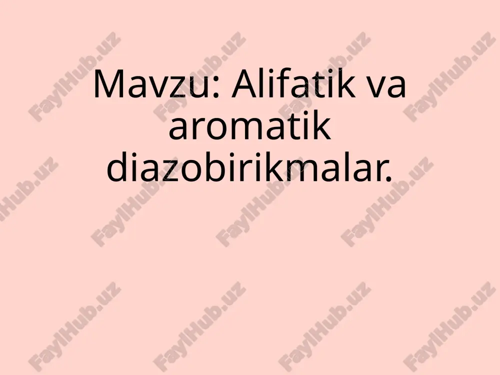 barqarorligi qarshi ionga juda sezgir. fenildiazo xlorid xavfli portlovchi hisoblanadi, ammo benzodiazo tetrafloroborat skameykada oson ishlov beriladi. • diazo tuzlarining birinchi qoʻllanishi matoni diazoniy birikmasining suvli eritmasiga kiritish, soʻngra bogʻlovchi eritmasiga (elektrofil oʻrinbosar boʻlgan elektronga boy halqa) kiritish orqali suvga chidamli boʻyalgan matolarni ishlab chiqarish edi. diazo birikmalarining asosiy qoʻllanishi boʻyoq va pigment sanoatiga toʻgʻri keladi diazo tuzlarining eng koʻp qoʻllaniladigan reaksiyasi azo boʻyoqlar ishlab chiqarishda ishlatiladigan azo birlashma boʻlib qolmoqda. bu jarayonda diazo birikmasiga elektronga boy substratlar qoʻshiladi. birlashtiruvchi sheriklar anilinlar va fenollar kabi arenlar boʻlsa, jarayon elektrofil aromatik almashtirishga namuna boʻladi: [arn2]+ + ar'h → arn2ar' + h+ • tijoriy jihatdan kerakli boʻlgan boshqa bogʻlovchi sheriklar sinfi asetoasetik amidlar boʻlib, ular diarilid pigmenti sariq pigment 12 ni tayyorlashda koʻrsatilgan. • olingan azo birikmalar koʻpincha foydali boʻyoqlar boʻlib, aslida azo boʻyoqlar deb ataladi. masalan, anilin sariq deb ataladigan boʻyoq anilin va diazo tuzining sovuq eritmasini aralashtirib, keyin uni kuchli …