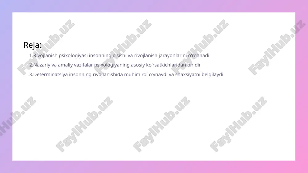 rivojlanishi jarayonida determinatsiyalovchi asosiy omillardir, bu esa shaxsning qarorlariga ta'sir ko'rsatadi • xulq-atvor va motivatsiya - insonning xulq-atvori va motivatsiyasi ham determinatsiyalashgan, bu esa uning hayot yo'lini va muvaffaqiyatlarini belgilaydi asosiy tushunchalar rivojlanish psixologiyasida muhim ahamiyatga ega • dastlabki tushunchalar - rivojlanish psixologiyasida dastlabki tushunchalar bolalarning kognitiv, emosional va ijtimoiy rivojlanishini tushunishga yordam beradi • rivojlanish bosqichlari - rivojlanish psixologiyasida har bir bosqich o'ziga xos xususiyatlarga ega bo'lib, bolalar o'sishida muhim rol o'ynaydi rivojlanish jarayonlari turli bosqichlarda o'zgarishlarni o'z ichiga oladi • rivojlanishning bosqichlari - rivojlanish jarayonlari tug'ilishdan boshlab, bolalik, o'smirlik va kattalikka qadar bir necha bosqichlarni o'z ichiga oladi. • psixologik o'zgarishlar - rivojlanish jarayonlari davomida shaxsning psixologik holati va his-tuyg'ulari o'zgaradi, bu esa insonni ijtimoiy hayotga moslashtiradi. • fizik o'zgarishlar - barcha rivojlanish bosqichlarida organizmning fizik ko'rinishi va funksiyalari o'zgaradi, bu jarayonlar o'sish va rivojlanishga ta'sir qiladi. • ijtimoiy ta'sir - rivojlanish jarayonlari ijtimoiy muhit va madaniyat ta'sirida …