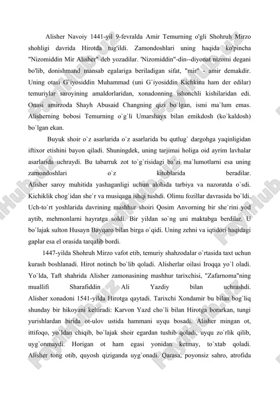 ov ustida hammani uyqu bosadi. alisher mingan ot, ittifoqo, yo`ldan chiqib, bo`lajak shoir egardan tushib qoladi, uyqu zo`rlik qilib, uyg`onmaydi. horigan ot ham egasi yonidan ketmay, to`xtab qoladi. alisher tong otib, quyosh qiziganda uyg`onadi. qarasa, poyonsiz sahro, atrofida hech kim yo`q. yolg`iz otigina yovshan ildizlarini chimtib turibdi. o`n yoshli bola o`zini qo`lga oladi. otini minib, zehn bilan yo`lni topib ilgari yuradi. kun qizib, chanqoqlik boshlanadi. shu payt uzoqdan bir narsa qorayib ko`rinadi. u suv to`la mesh ekan, ollohga shukuronalar aytib, alisher yo`lini davom ettiradi. uning ota- onasi manzilga yetgach, o`g`illlarini yo`qligini biladilar va mulozimni shoshilinch orqaga qaytaradilar. mulozim ko`p yurmay, alisherga duch keladi. alisherni, go`yo u qayta tug`ilganday, quvonch bilan kutib oladilar. 1452-yilda abulqosim bobur mirzo xuroson taxtiga o`tiradi, notinchliklar bosiladi. g`iyosiddin muhammad sabzavorga hokim qilib tayinlanadi. alisher esa o`qishini davom ettiradi. maktab yosh alisherni she`riyat, adabiyot olamiga olib kirdi. bo`lajag shoir sa`diy sheroziyning "guliston". "bo`ston", asarlarini, farididdin attorning "mantiq …