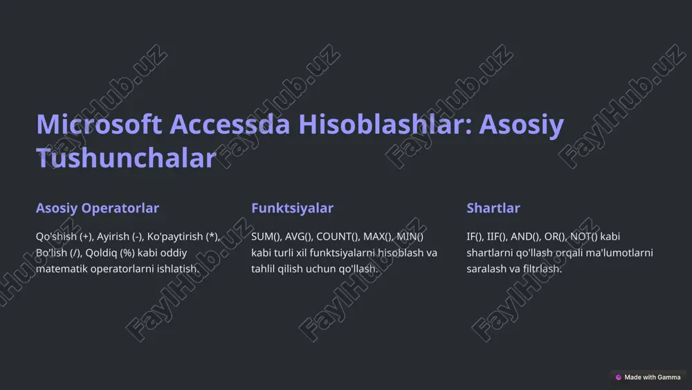 alanib, hisobotning ko'rinishini yaxshilash. https://gamma.app/?utm_source=made-with-gamma jadval shaklidagi hisobotlarni yaratish: misollar va qo'llanmalar 1 jadvaldagi ma'lumotlarni tanlang. 2 hisobotni yaratish tugmasini bosing. 3 jadval shaklida formatlashni tanlang. 4 hisobotni saqlang va chop eting. https://gamma.app/?utm_source=made-with-gamma hisobotlarga ma'lumotlarni qo'shish: filterlar va so'rovlar filterlar hisobotdagi ma'lumotlarni filtrlash uchun kerakli mezonlarni belgilang. so'rovlar muayyan shartlarga javob beradigan ma'lumotlarni olish uchun so'rovlarni yarating. birlashtirilgan filterlar turli filterlarni birlashtirib, yanada aniq natijalarga erishing. https://gamma.app/?utm_source=made-with-gamma hisobotlarning dizaynini o'zgartirish: ranglar, shrifts va formatlash ranglar hisobotning fon rangi, matn rangi va boshqa elementlarning rangini o'zgartiring. shrifts turli xil shriftlar, o'lchamlar va uslublarni qo'llang. formatlash jadvallar, sarlavhalar va boshqa elementlarni formatlang. https://gamma.app/?utm_source=made-with-gamma hisobotlarni chop etish va eksport qilish: pdf, excel va boshqa formatlar 1 chop etish hisobotni chop etish uchun tegishli tugmani bosing. 2 eksport qilish hisobotni pdf, excel, word va boshqa formatlarga eksport qiling. 3 saqlash hisobotni keyinroq ishlatish uchun saqlang. https://gamma.app/?utm_source=made-with-gamma xulosa va savol-javoblar: muhim nuqtalarni takrorlash va savollarga …