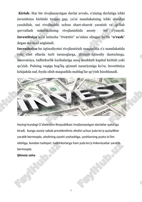 beriladi va bu qanday s amara ko’rsatayotgani, bundan tashqari yana qanday ishlar olib borilayotgani haqida ham malumotlar yoritib berilgan. kalit so’zlar : investitsiya, ijtimoiy soha, sanoat, innovatsiya, ta ’ lim sohasi , sug ’ urta , statistika . klyuchevie slova : investitsii, sotsialnaya sfera, promishlennost, innovatsii, obrazovanie, straxovanie, statistik a . /docprops/thumbnail.emf davlatimizning ichk i investitsiyalari annonatsiya: ushbu maqolada o’zbekiston respublikasining ichki sohalariga ya’ni, ijtimoiy sohaga, iqtisodiy sohaga, sanoat sohasiga, innovatsiya sohasiga , ta’lim sohasiga , sog’likni saqlash sohasiga kiritilayotgan investitsiyalar haqida ma’lumotlar beriladi va bu qanday s amara ko’rsatayotgani, bundan tashqari yana qanday ishlar olib borilayotgani haqida ham malumotlar yoritib berilgan. kalit so’zlar : investitsiya, ijtimoiy soha, sanoat, innovatsiya, ta ’ lim sohasi , sug ’ urta , statistika . klyuchevie slova : investitsii, sotsialnaya sfera, promishlennost, innovatsii, obrazovanie, straxovanie, statistik a .