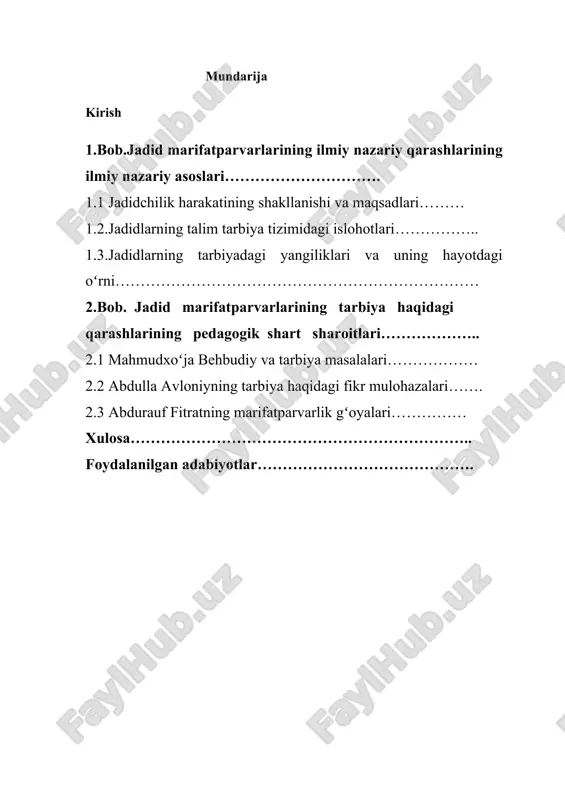 timizda yoshlarga maʼnaviy-maʼrifiy tarbiya berish, ularni vatanparvarlik ruhida kamol toptirish davlat siyosatining ustuvor yoʻnalishlaridan biridir. prezidentimiz shavkat mirziyoyevning quyidagi soʻzlari bu masalaning nechogʻli muhim ekanligini yana bir bor tasdiqlaydi: "yoshlarimizni barkamol avlod qilib tarbiyalash, ularni vatanparvarlik ruhida o'stirish, ilm-fan va zamonaviy kasb-hunarlarni puxta egallashiga barcha imkoniyatlarni yaratib berish bizning eng muhim vazifamizdir." davlatimiz rahbarining bu gʻoyalari jadid maʼrifatparvarlarining qarashlari bilan hamohang boʻlib, millatni ilm-maʼrifat bilan yuksaltirish gʻoyalarini davom ettiradi. jadidlarning tarbiya haqidagi qarashlari hozirgi zamonaviy taʼlim-tarbiya tizimi uchun ham dolzarb boʻlib, ularni oʻrganish va amaliyotda qoʻllash orqali yosh avlodni har tomonlama yetuk insonlar qilib tarbiyalash mumkin. ushbu kurs ishida jadid maʼrifatparvarlarining tarbiya haqidagi qarashlari, ularning ilmiy-nazariy asoslari va pedagogik shart-sharoitlari chuqur o'rganiladi. ishning birinchi bobida jadidchilik harakatining shakllanishi, ilmiy-nazariy asoslari va ta'lim-tarbiyadagi yangiliklari tahlil etiladi. ikkinchi bobda esa mahmudxoʻja behbudiy, abdulla avloniy va abdurauf fitratning tarbiya masalalariga oid qarashlari yoritiladi. kurs ishi mavzusining o'rganilganlik darajasi kurs ishi mavzusining o'rganilganlik darajasi …