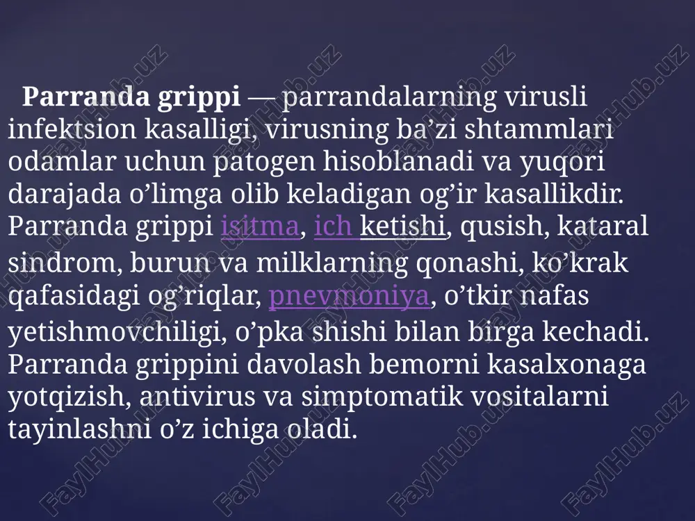 parranda grippi virusi past haroratlarda uzoq vaqt davomida saqlanib turishi mumkin, lekin qaynatilganda 2-3 daqiqadan so’ng nobud bo’ladi. parranda grippining alomatlari va belgilari biror kishi parranda grippi virusi bilan zararlangan bo’lsa, inkubatsiya davri 2-3 kun (kamdan kam 2 hafta) davom etadi. qush grippining klinik ko’rinishlari bosqichida infektsion-toksik, oshqozon-ichak tizimi va nafas yo’llari sindromlari rivojlanadi. yuqumli kasallikning namoyon bo’lishi — yuqori tana harorati (38-40 °c gacha), talvasali varaja qilish, mushaklar va bosh og’rig’idir. to’mov, konyunktivit, faringit, burun va milklardan qon ketishi kuzatilishi mumkin. kasallik taxminan yarim holatlarida qorin og’rig’i, takroriy qusishlar va suvli diareyaga olib keladi. bemorlarning uchdan birida buyrak yetishmovchiligi rivojlanadi. parranda grippini tashxislash va davolash kasallikning dastlabki davrida parranda grippining belgilari normal mavsumiy grippga o’xshaydi, bu esa tashxisni murakkablashtiradi. bundan tashqari, parranda grippini paragripp, adenovirus, rinovirus, respirator sinditsial infektsiyadan farqlash talab etiladi. parranda grippini tashxislashning asosiy mezonlari mintaqada epidemiyaning mavjudligi, kasallangan parranda bilan aloqa bo’lganligi, yuqori isitma, ich ketishi, …