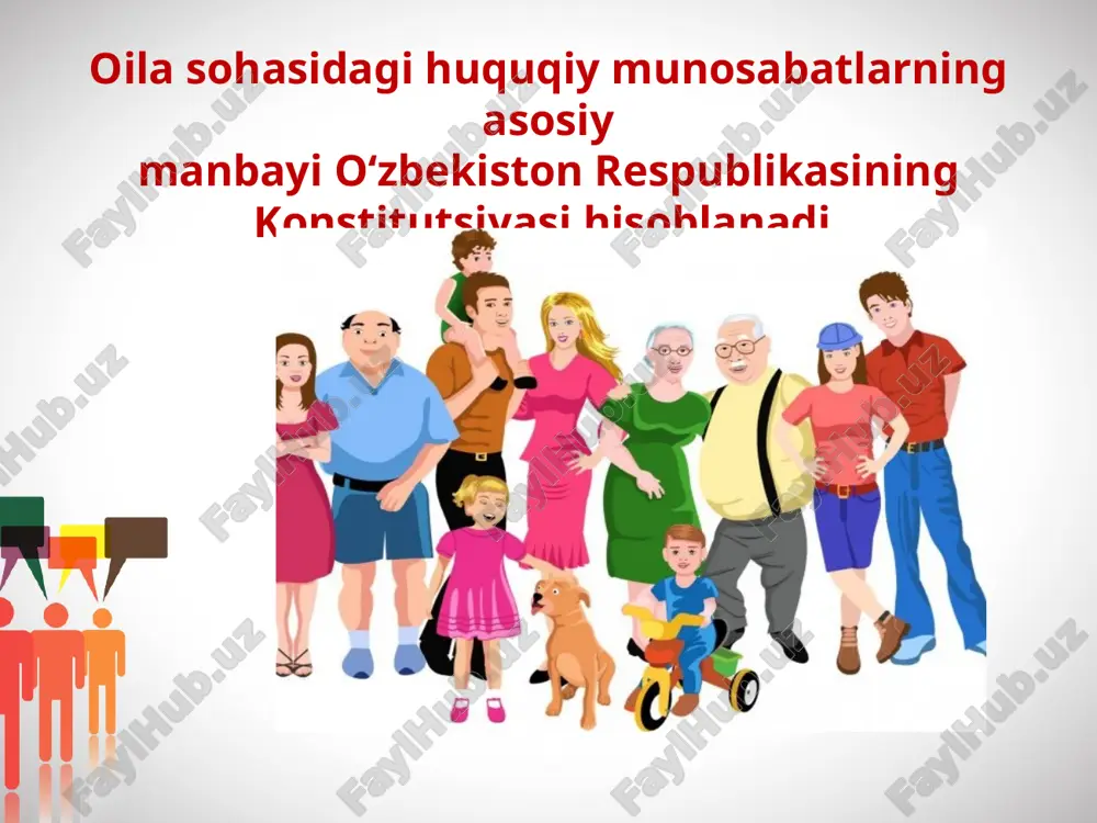 lalarini hal qilish, mashg‘ulot turi, kasb va turar joy tanlash huquqlari kiradi. oilaviy-huquqiy munosabatlar o‘zining ba’zi bir belgilari bilan fuqarolik-huquqiy munosabatlarga o‘xshab ketadi. biroq bu o‘xshashlik faqat tashqi ko‘rinishdir. oila huquqining subyektlari har qanday boshqa munosabatlarda bo‘lganidek, oilaviy huquqiy munosabatlarda ham uch element: subyekt, subyektiv huquq va majburiyatlarni ko‘rishimiz mumkin. oilaviy munosabatlarning subyekti bo‘lib, er-xotin, ota-ona, bolalar, vasiylar va homiylar, boshqa qarindosh- urug‘lar hamda oila qonunlari sohasida u yoki bu munosabatlarni hal etishda ishtirok etuvchi yuridik shaxslar, fuqarolar uyushmasi, muassasalar, organlar, ijtimoiy birlashmalar hisoblanadi. savol va topshiriqlar 1. o‘zbekiston respublikasi konstitutsiyasida xotin- qizlar va erkaklar teng huquqli ekanliklari e’tirof etiladi. «oilada teng huquqlilik» tushunchasi qanday munosabatlarga nisbatan ko‘proq ishlatiladi? 2. oilaviy huquqiy munosabatlar deganda nimani tushundingiz? hayotiy misollar keltiring. 3. oilaviy huquqiy munosabatlar bilan fuqarolik huquqiy munosabatlarning bir-biridan farqi nimada? 4. oilaviy huquqiy munosabatlar subyektlariga misol keltiring. 5. nima uchun oila jamiyatning asosiy negizi deb ataladi? fikringizni asoslang. oila jamiyatning …