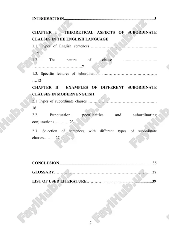 ntic value in the sentence. subordination - uses subordinating conjunctions or relative pronouns to transform independent clauses (main clauses or ideas) into dependent clauses (subordinate clauses or ideas). subordinate clauses are subordinate to (and thus hold less semantic value than) the independent clause(s) to which they are linked. the topicality of the given course paper predetermined by the necessity understand and use in practice english language with all its grammatical and syntactic peculiarities. english is recognized to be a global language of communication of different people from different countries. that is why it is so important to understand fully syntactic peculiarities of the language. the object of the course paper is subordinate clauses. the subject of the course paper is types of subordinate clauses in modern english the aim of the course paper is to analyze different types of subordinate clauses in the english language. the tasks of the course …
